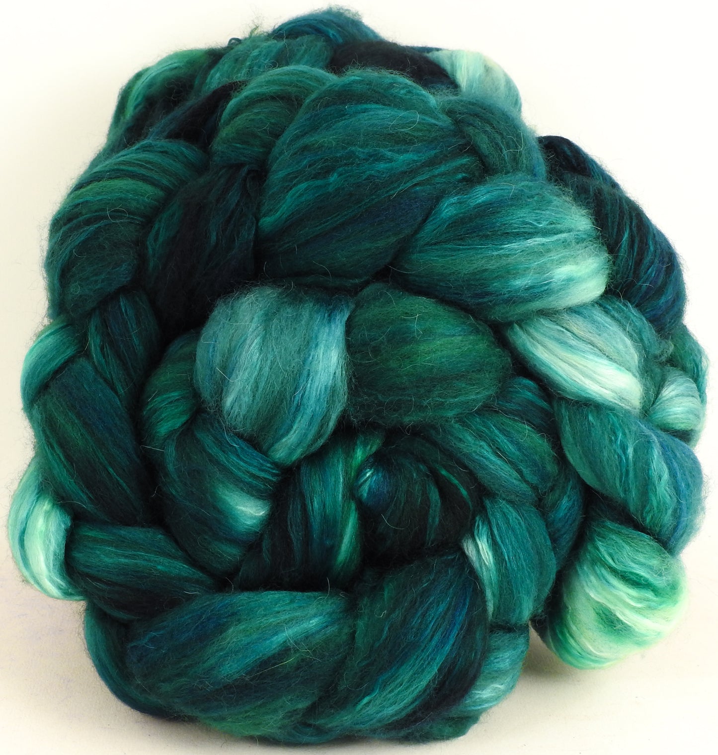 Malachite (5.5 oz) - Batt in a Braid #5- Merino/ Camel/ silk/ faux cashmere/ firestar (25/25/25/12/12)
