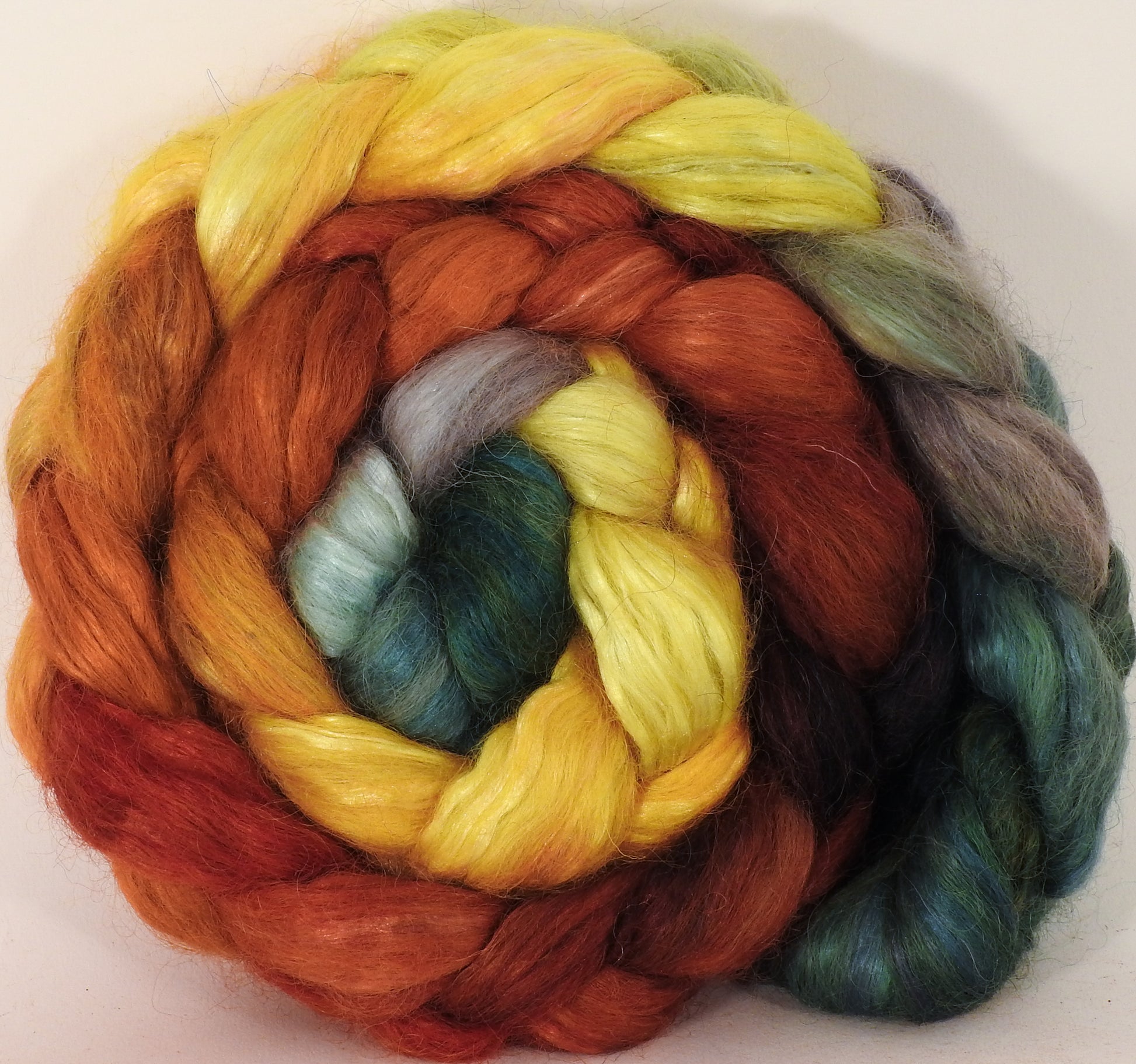 Hand-dyed wensleydale/ mulberry silk roving ( 65/35) - Gourds - (7.2 oz.) - Inglenook Fibers