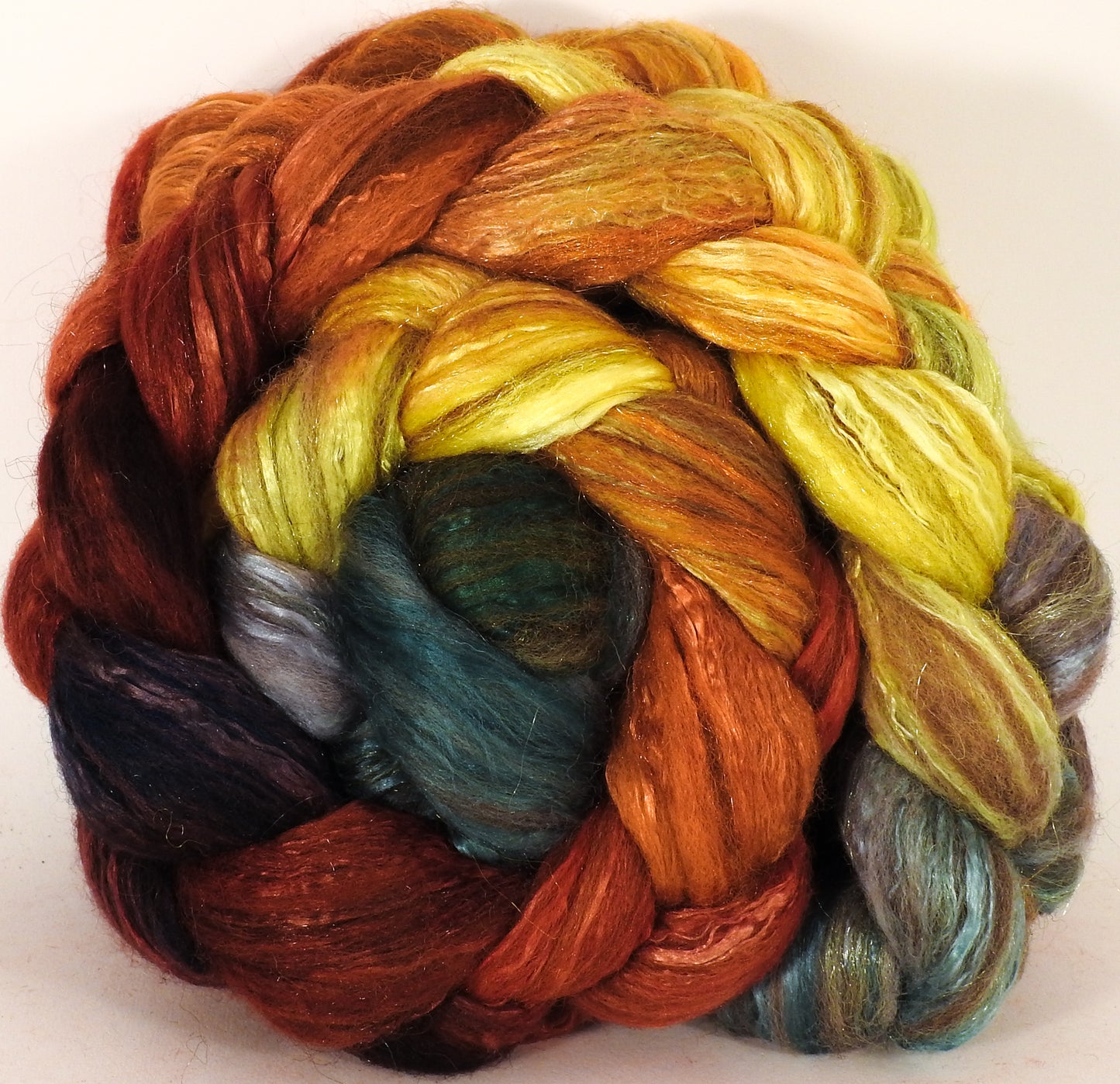 Batt in a Braid #7- Gourds - (5.4 oz.)Polwarth/ Manx / Mulberry silk/ Firestar (30/30/30/10) - Inglenook Fibers