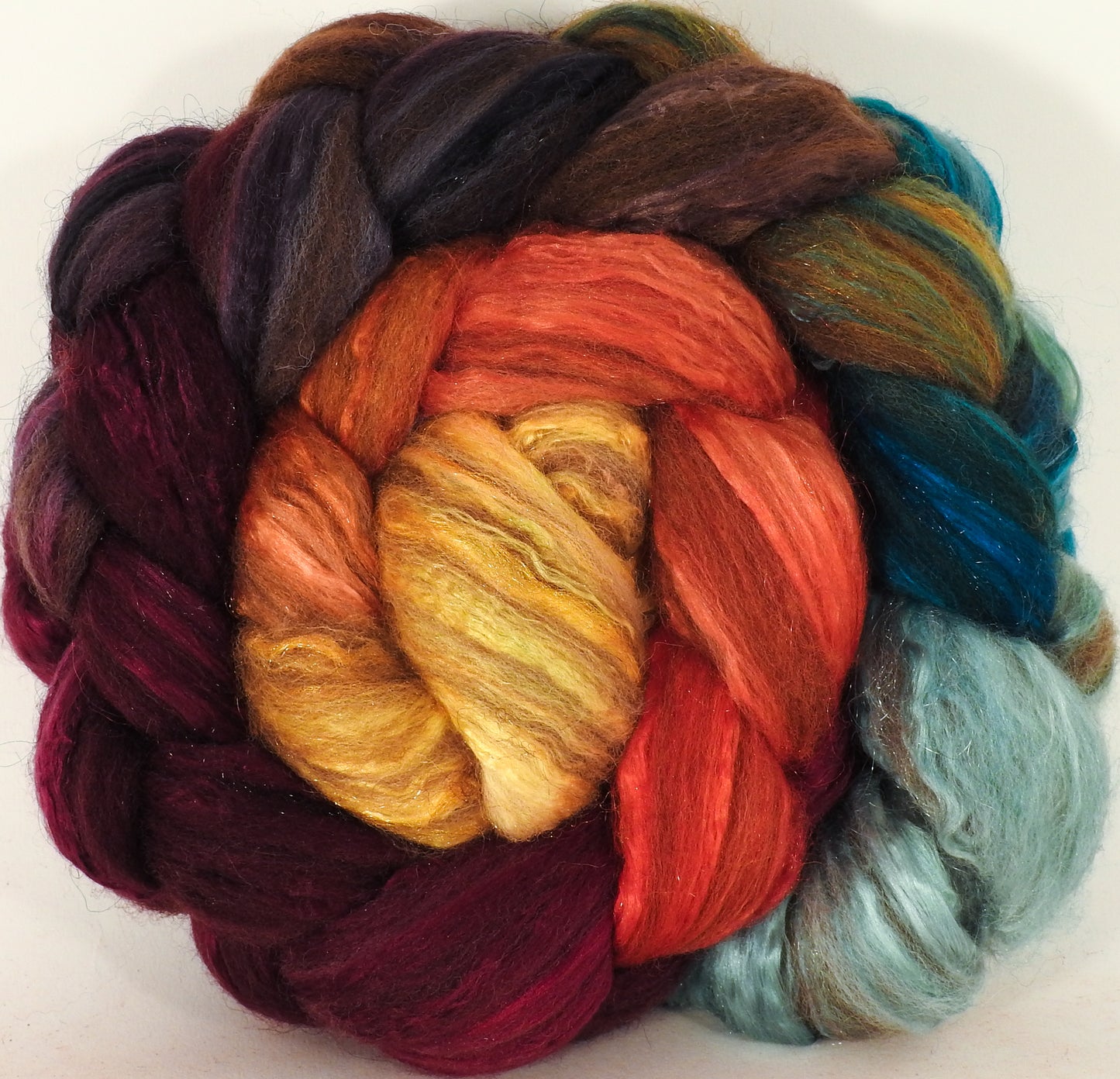 Batt in a Braid #7- Smaug - (5.1 oz.)Polwarth/ Manx / Mulberry silk/ Firestar (30/30/30/10) - Inglenook Fibers