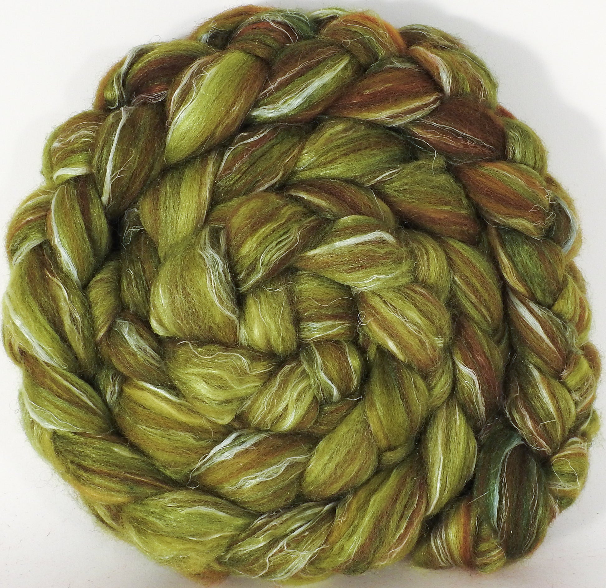 Batt in a Braid #32- Asparagus -(5.3 oz)  Manx Loaghtan/ Wht Bfl / Tussah Silk/ Flax( 30/30/30/10) - Inglenook Fibers