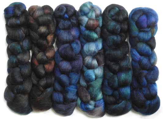 "It was a Dark & Stormy Night"-  Gradient Braid Set - (8.7 oz.)Batt in a Braid #1-Falkland/ Grey Baby Alpaca/ Tussah Silk/ Firestar (40/25/25/10)