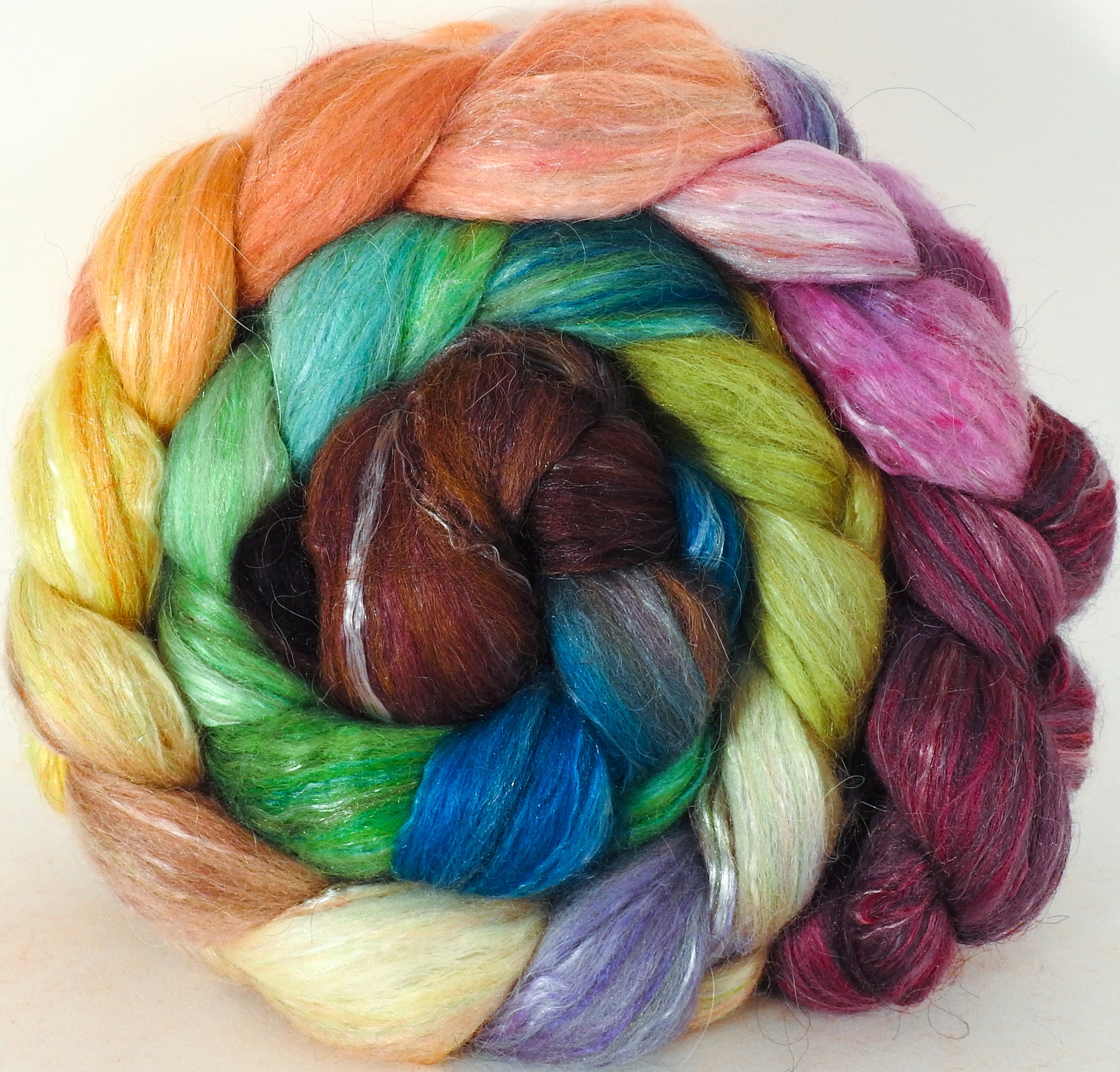 Batt in a Braid #31- Rivendell - Polwarth/ Mulberry Silk / Baby Alpaca / Rainbow Firestar/ Tencel( 40/25/15/10/10) - Inglenook Fibers