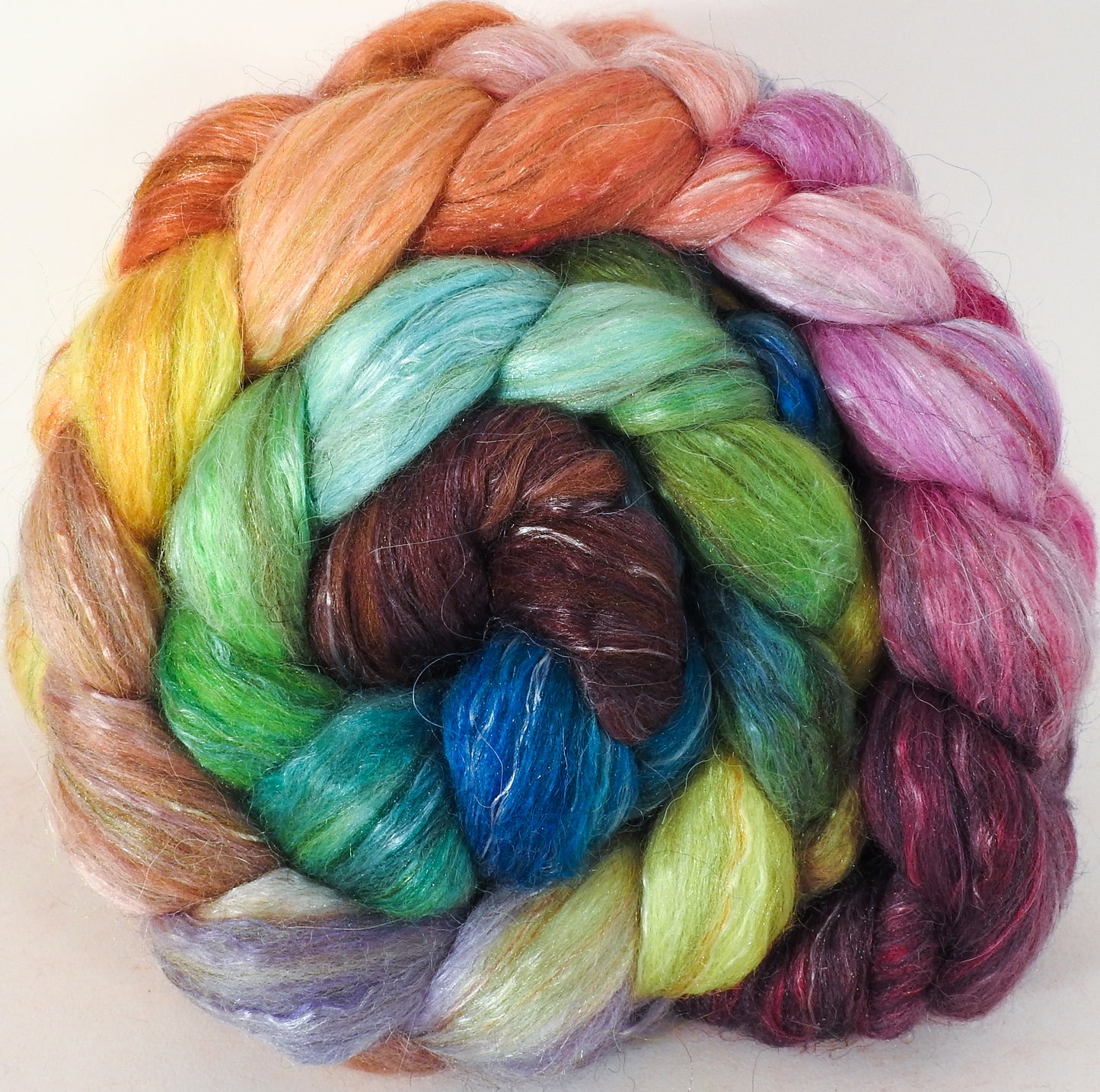 Batt in a Braid #31- Rivendell - Polwarth/ Mulberry Silk / Baby Alpaca / Rainbow Firestar/ Tencel( 40/25/15/10/10) - Inglenook Fibers