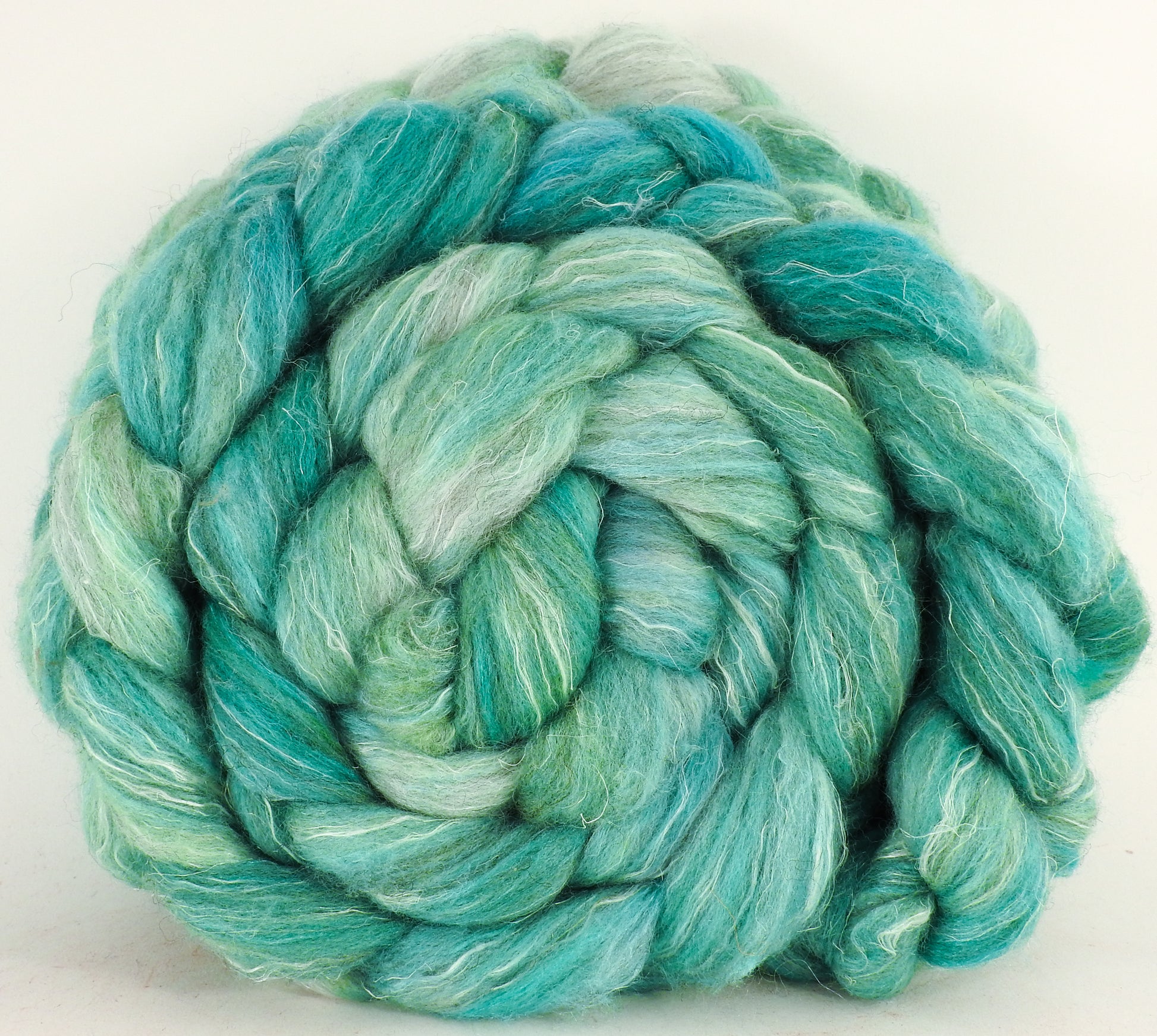 Batt in a Braid #38 - Verdigris - (5.6 oz.) Shetland/ Falkland Merino / tussah silk/ flax (40/25/25/10) - Inglenook Fibers