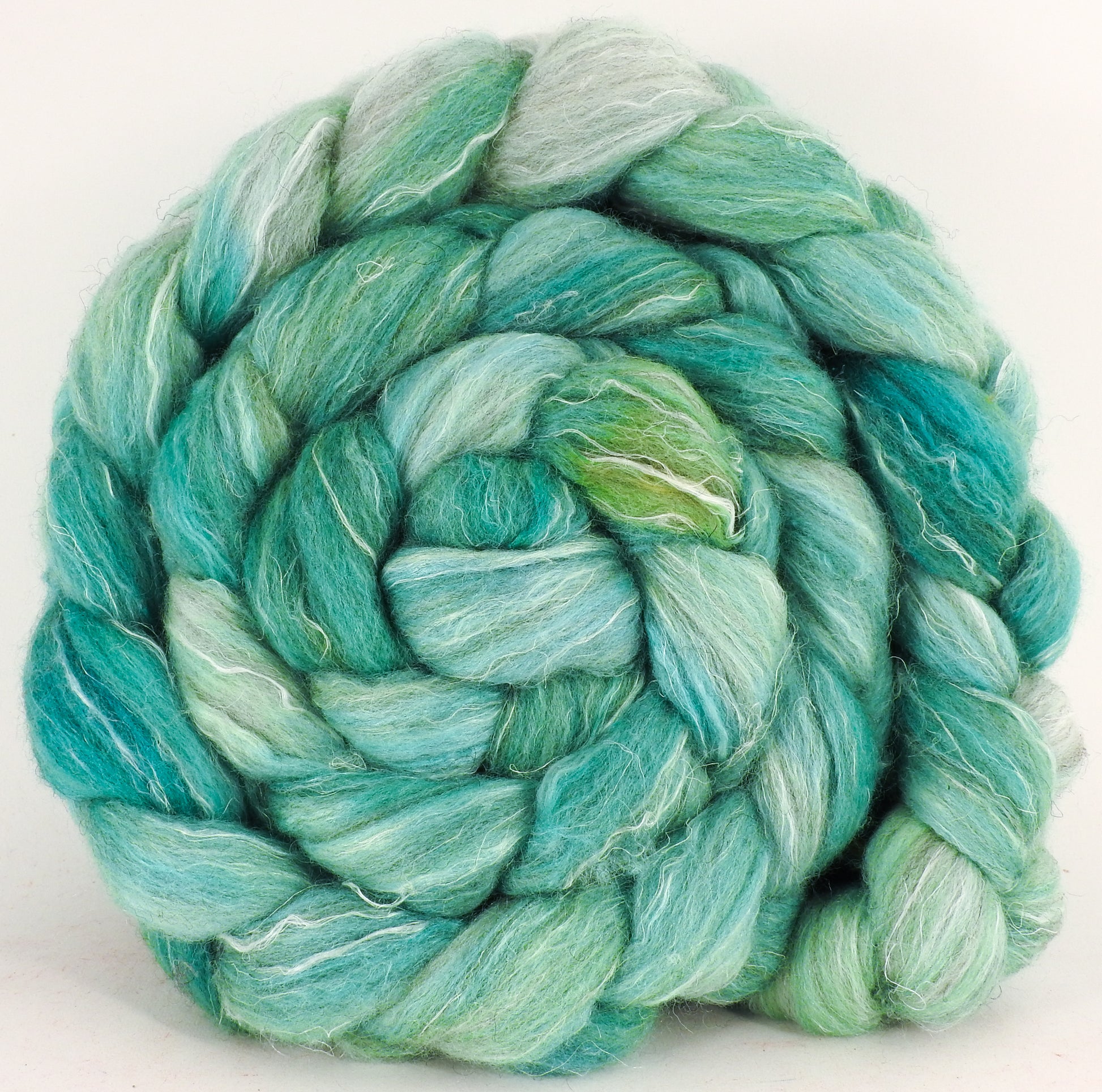 Batt in a Braid #38 - Verdigris - (5.6 oz.) Shetland/ Falkland Merino / tussah silk/ flax (40/25/25/10) - Inglenook Fibers