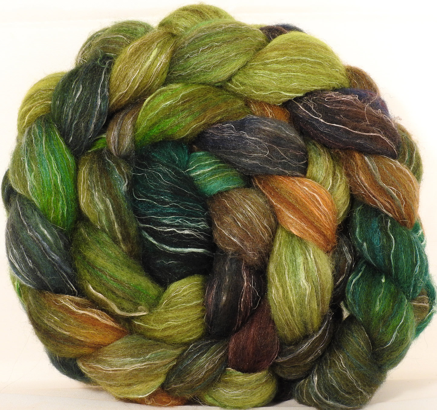 Batt in a Braid #32 - Mossy -(6.1 oz)  Manx Loaghtan/ Wht Bfl / Tussah Silk/ Flax( 30/30/30/10) - Inglenook Fibers