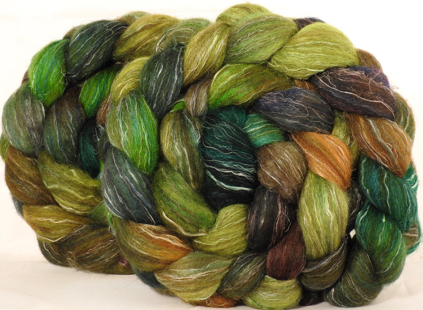 Batt in a Braid #32 - Mossy -(6.1 oz)  Manx Loaghtan/ Wht Bfl / Tussah Silk/ Flax( 30/30/30/10) - Inglenook Fibers