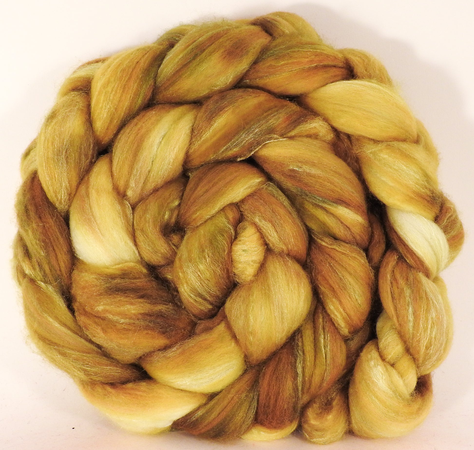 Batt in a Braid #35- Old Gold (5.65 oz.) - Sw Merino (18.5 mic) /Merino (18.5 mic) / Tussah Silk (40/40/20) - Inglenook Fibers