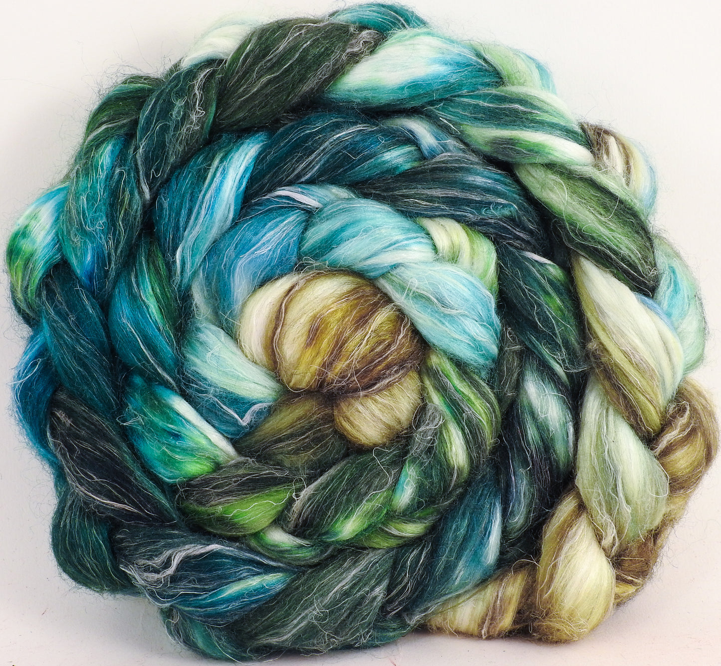 Hand dyed Tussah Silk / flax roving -Aventurine - (65/35) - (5.3 oz.) - Inglenook Fibers