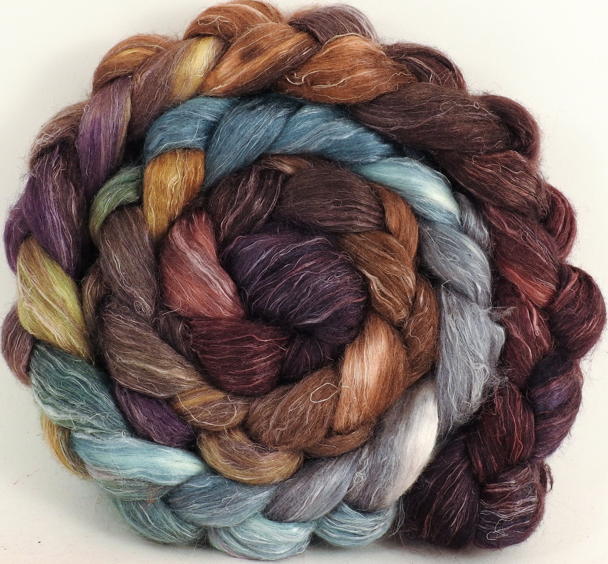 Hand dyed Tussah Silk / flax roving - Leprechaun - (65/35) - (5.3 oz.) - Inglenook Fibers