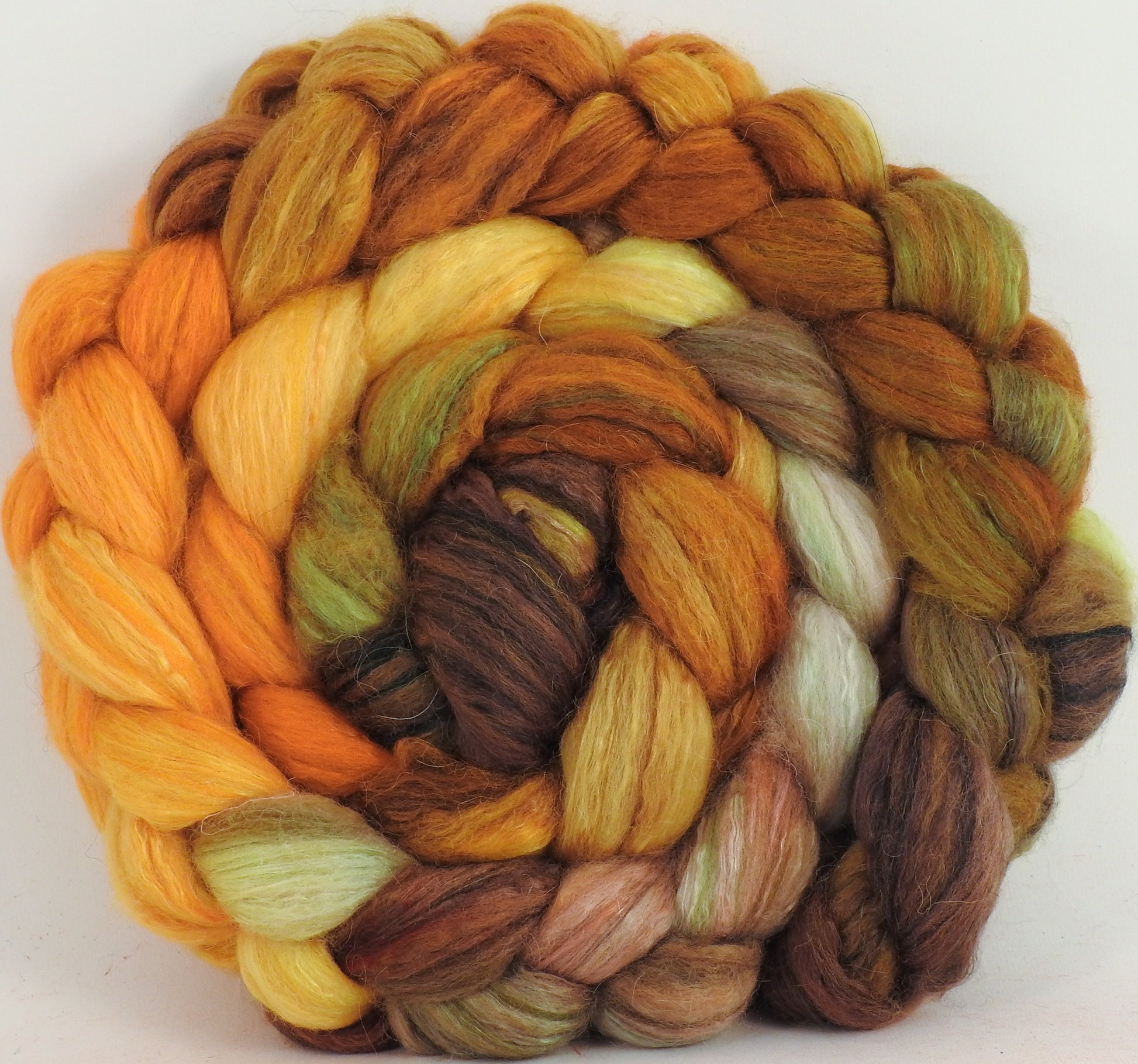 Batt in a Braid #5 - Tarnished -(5.2 oz.) Merino/ Camel/ silk/ faux cashmere/ firestar (25/25/25/12/12) - Inglenook Fibers