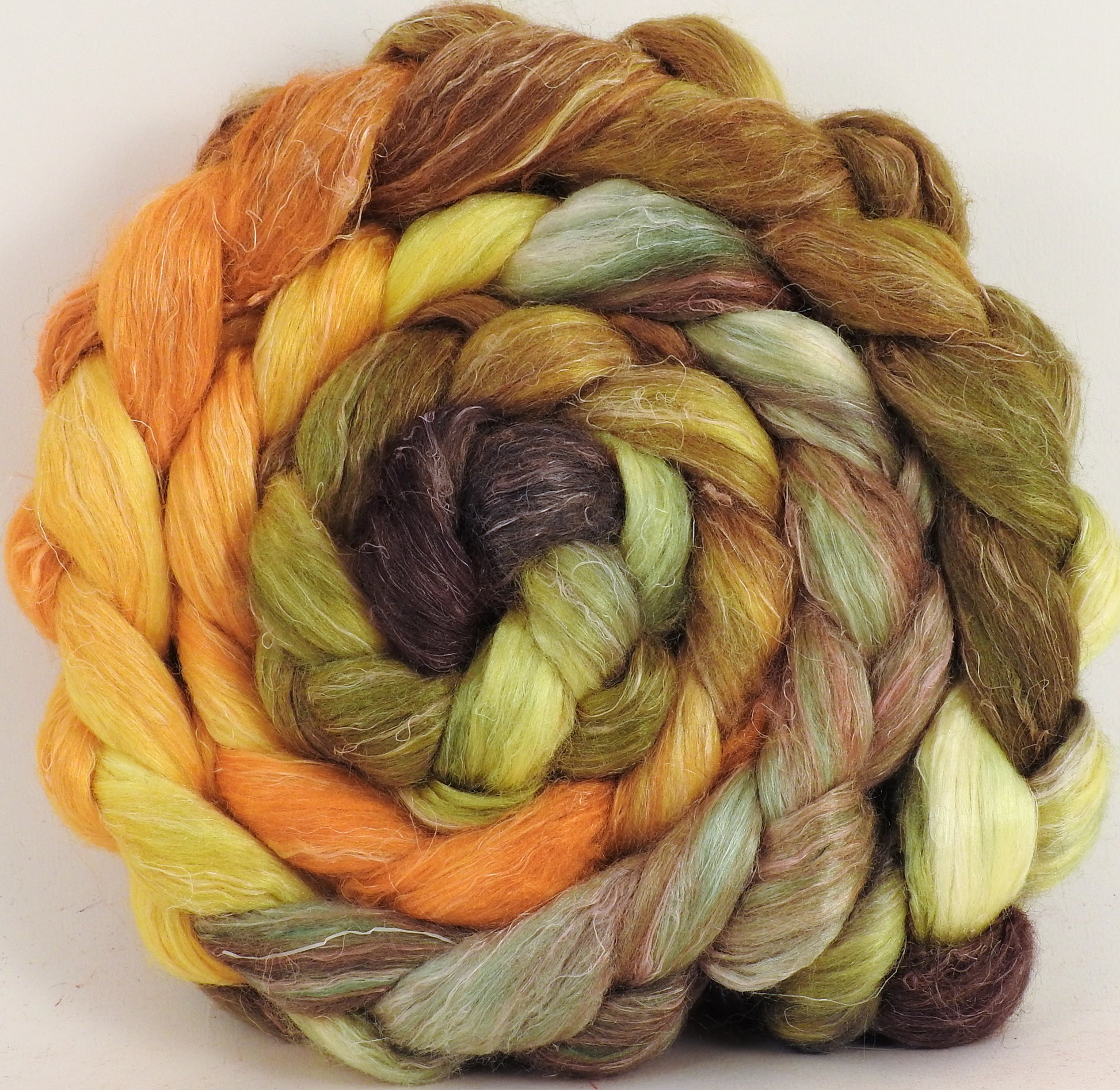 Hand dyed Tussah Silk / flax roving - Tarnished - (65/35) - Inglenook Fibers