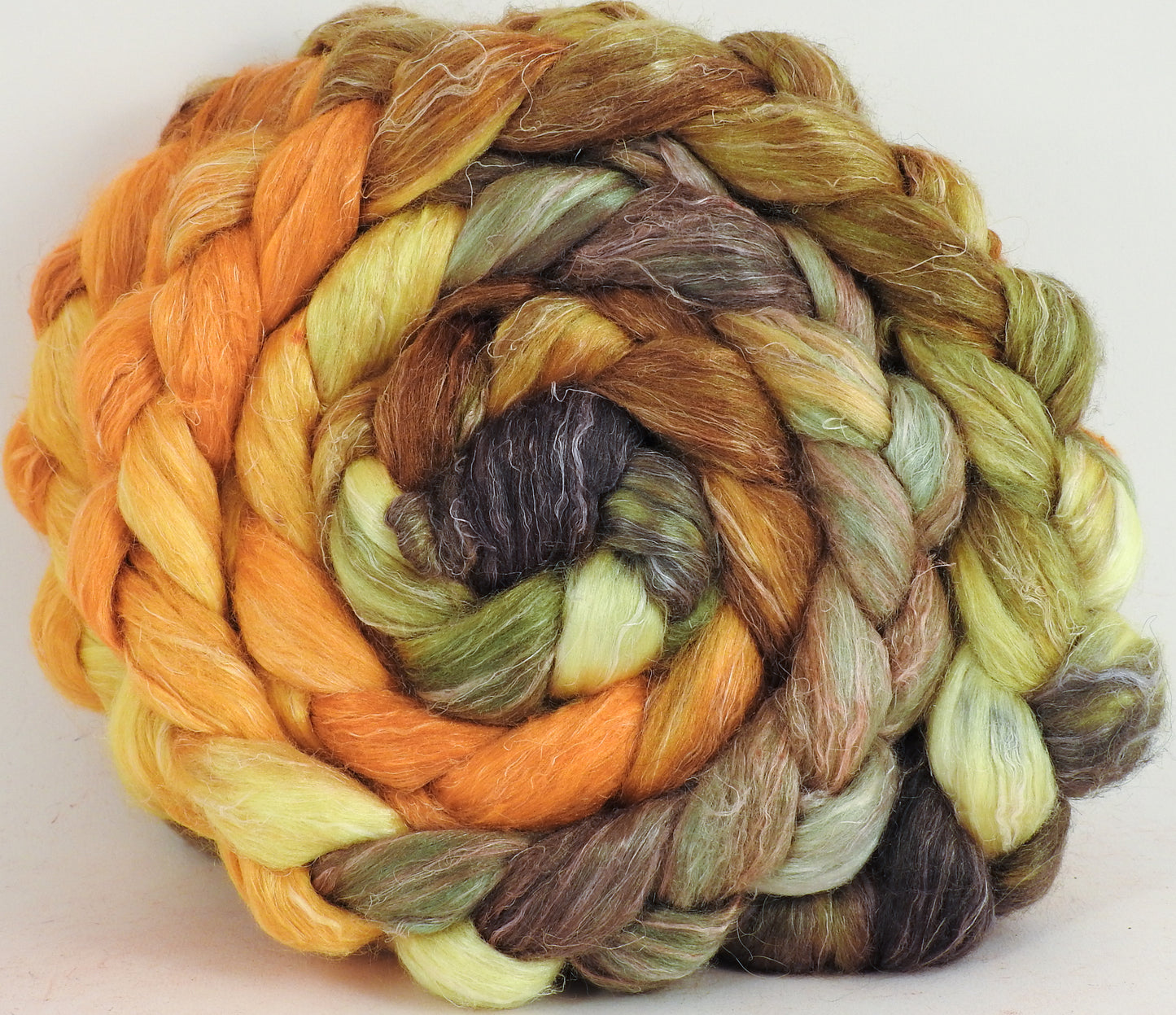 Hand dyed Tussah Silk / flax roving - Tarnished - (65/35) - Inglenook Fibers