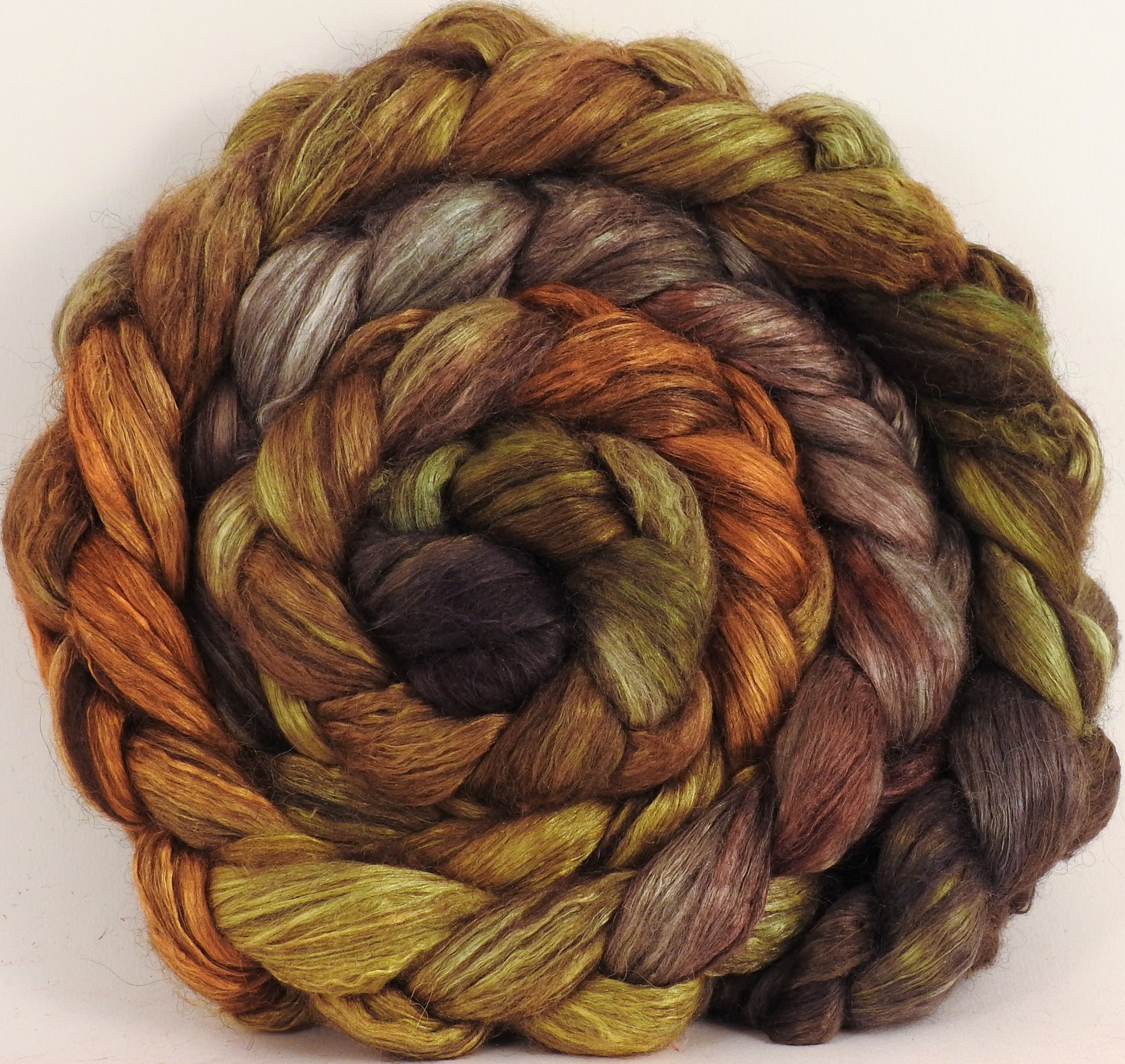 Hand dyed yak/ mulberry silk top - Tarnished - yak /silk ( 50/50) - Inglenook Fibers