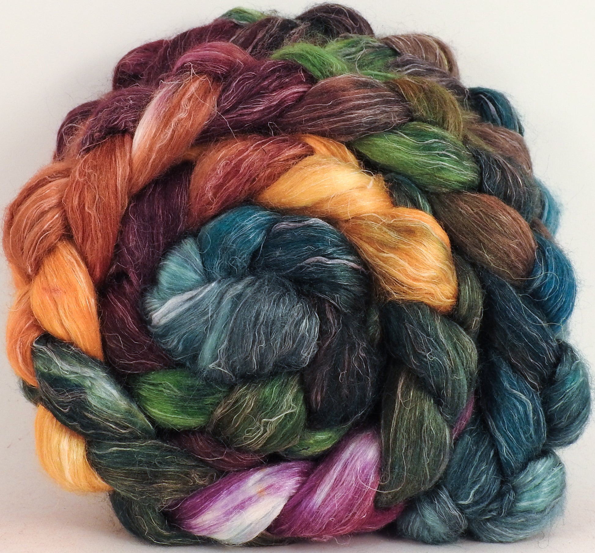 Hand dyed Tussah Silk / flax roving - Farm Stand - (65/35) - (5 oz.) - Inglenook Fibers