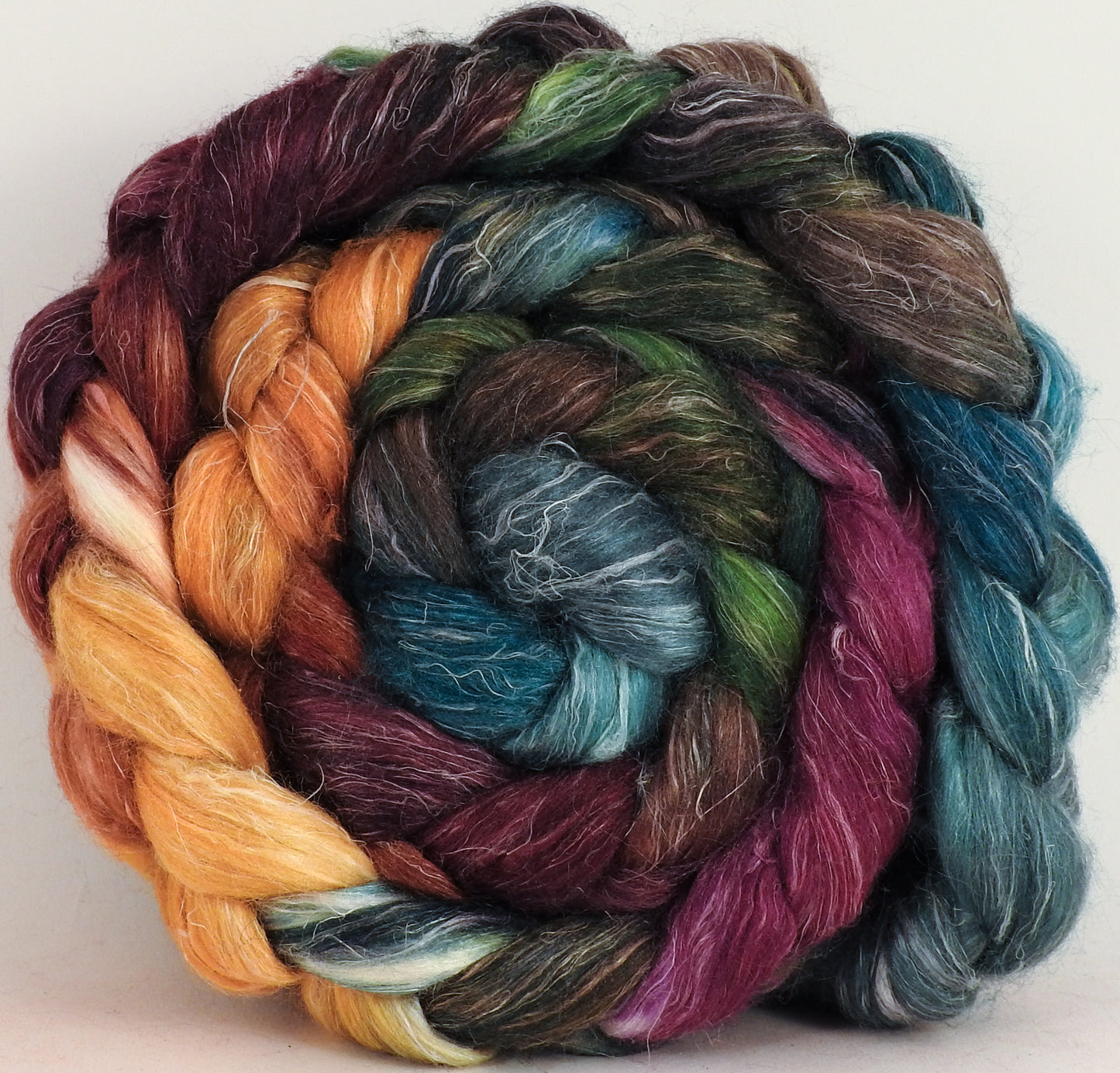 Hand dyed Tussah Silk / flax roving - Farm Stand - (65/35) - (5 oz.) - Inglenook Fibers