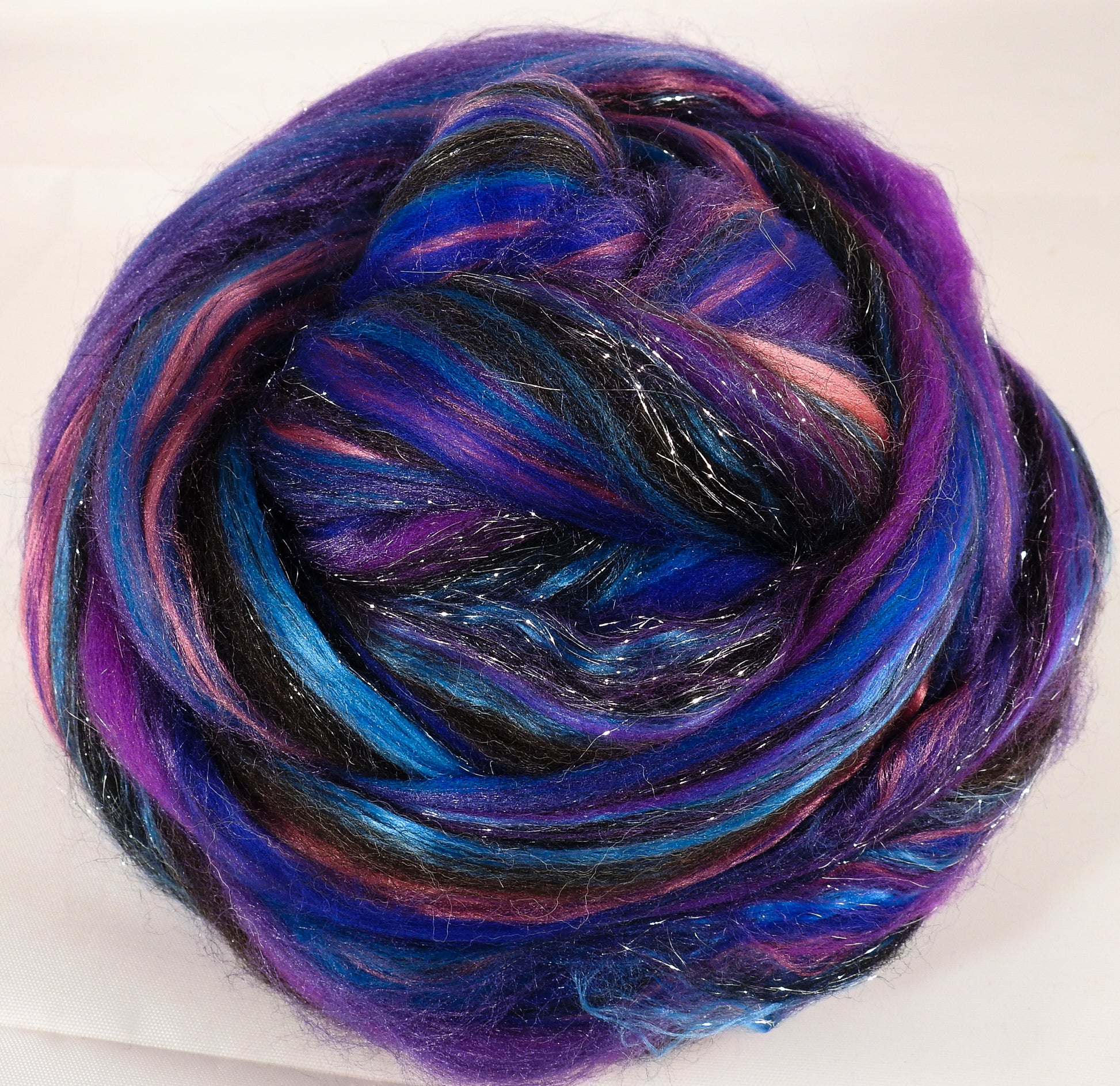 Milky Way- Custom Blended Top- Merino/ Silk /Black Shetland/ Bamboo/ Silver Stellina (45/25/15/10/5) - Inglenook Fibers