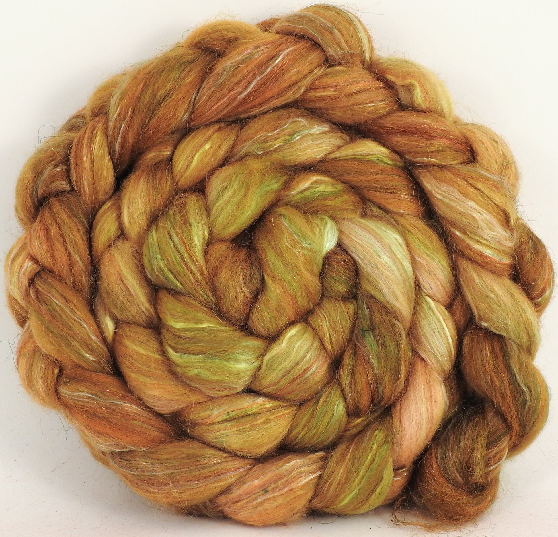 Batt in a Braid #31- Old Gold - (5.2 oz.) - Polwarth/ Mulberry Silk / Baby Alpaca / Rainbow Firestar/ Tencel( 40/25/15/10/10) - Inglenook Fibers