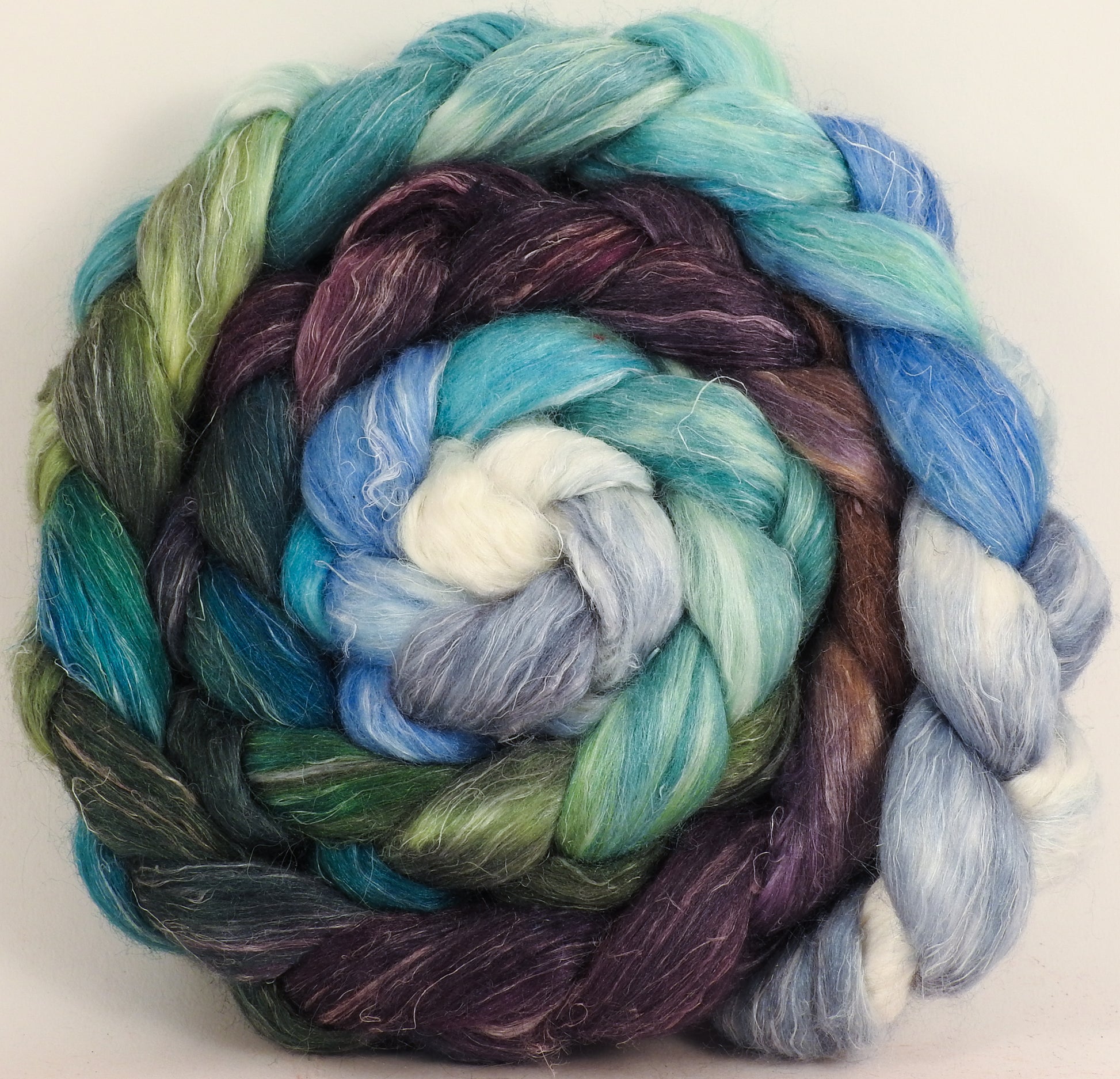 Hand dyed Tussah Silk / flax roving - (65/35) - Sleigh Ride - (5 oz.) - Inglenook Fibers