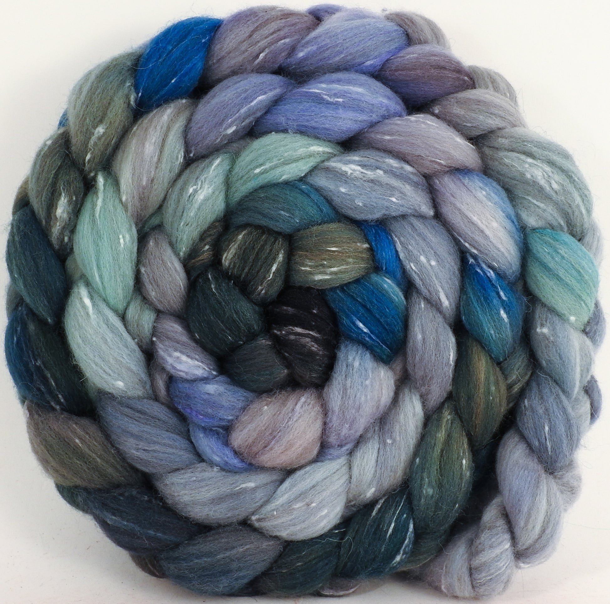 Batt in a Braid #42 - Tempest - (6.2 oz)  Polwarth/ Tweed Blend / Peduncle&Tussah Silk( 50/25/25) - Inglenook Fibers