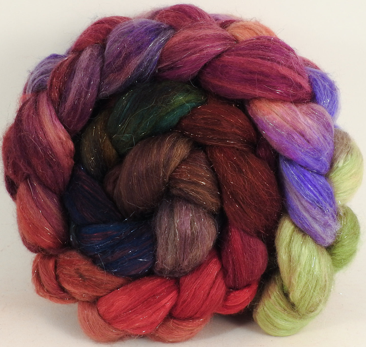 Batt in a Braid #41 - Plum Pudding - (5.2 oz.) Llama / Merino ( 18 mic.)/ Mulberry silk/ Stellina (40/30/25/5) - Inglenook Fibers