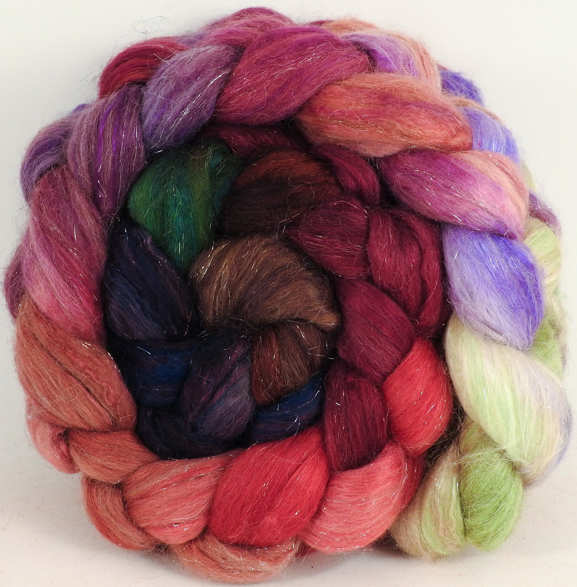 Batt in a Braid #41 - Plum Pudding - (5.2 oz.) Llama / Merino ( 18 mic.)/ Mulberry silk/ Stellina (40/30/25/5) - Inglenook Fibers