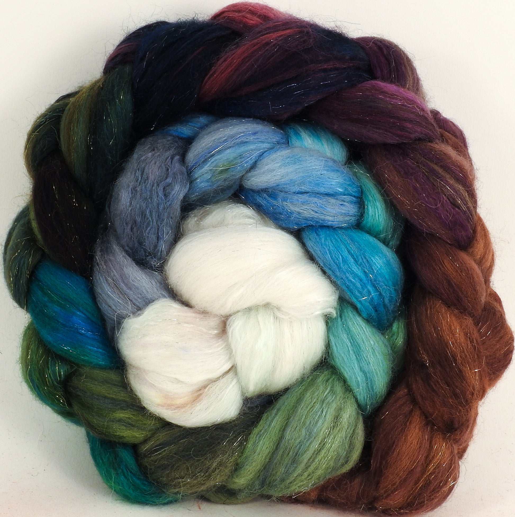 Batt in a Braid #41 -Sleigh Ride - Llama / Merino ( 18 mic.)/ Mulberry silk/ Stellina (40/30/25/5) - Inglenook Fibers