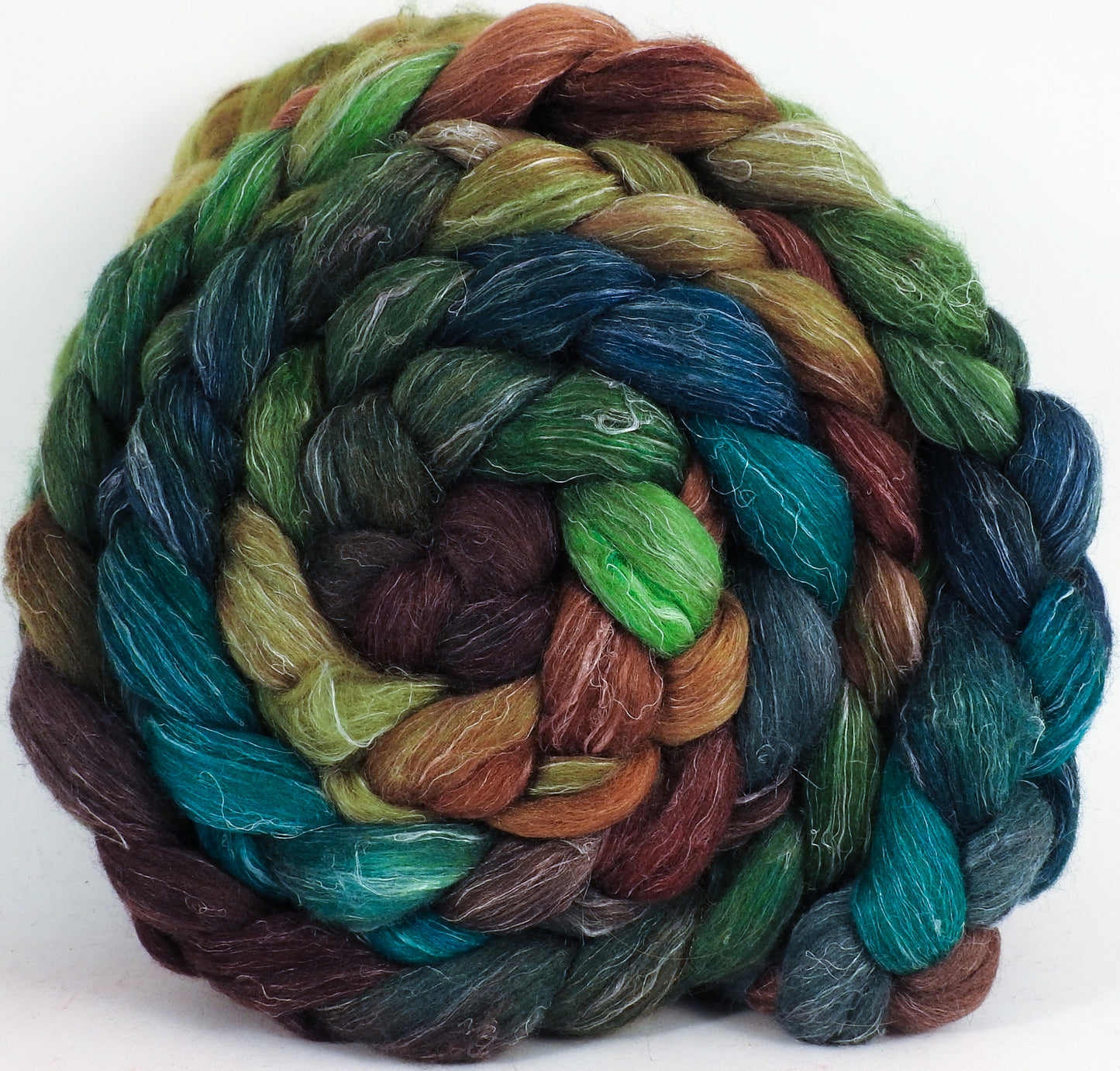 Batt in a Braid #3-  Douglas Fir - (6.3 oz) - Polwarth/ Tussah Silk/ Flax (40/40/20) - Inglenook Fibers