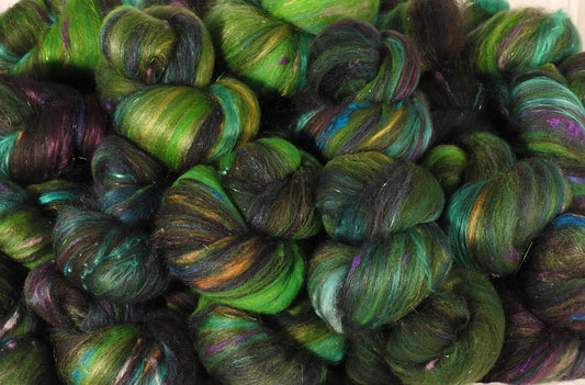 Bonsai - Sticklebatts - 30% Corriedale top; merino, rambouillet, silk, bamboo, silk noil, angelina - Inglenook Fibers