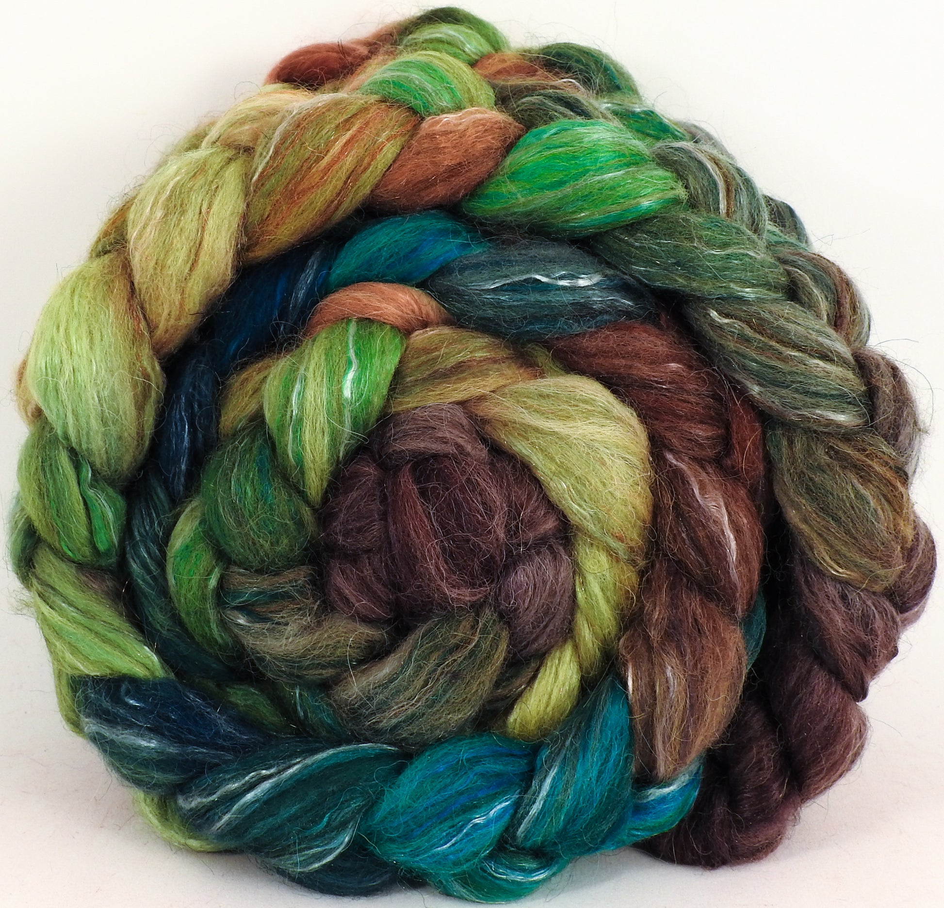 Batt in a Braid #31- Douglas Fir - (5.2 oz.) - Polwarth/ Mulberry Silk / Baby Alpaca / Rainbow Firestar/ Tencel( 40/25/15/10/10) - Inglenook Fibers