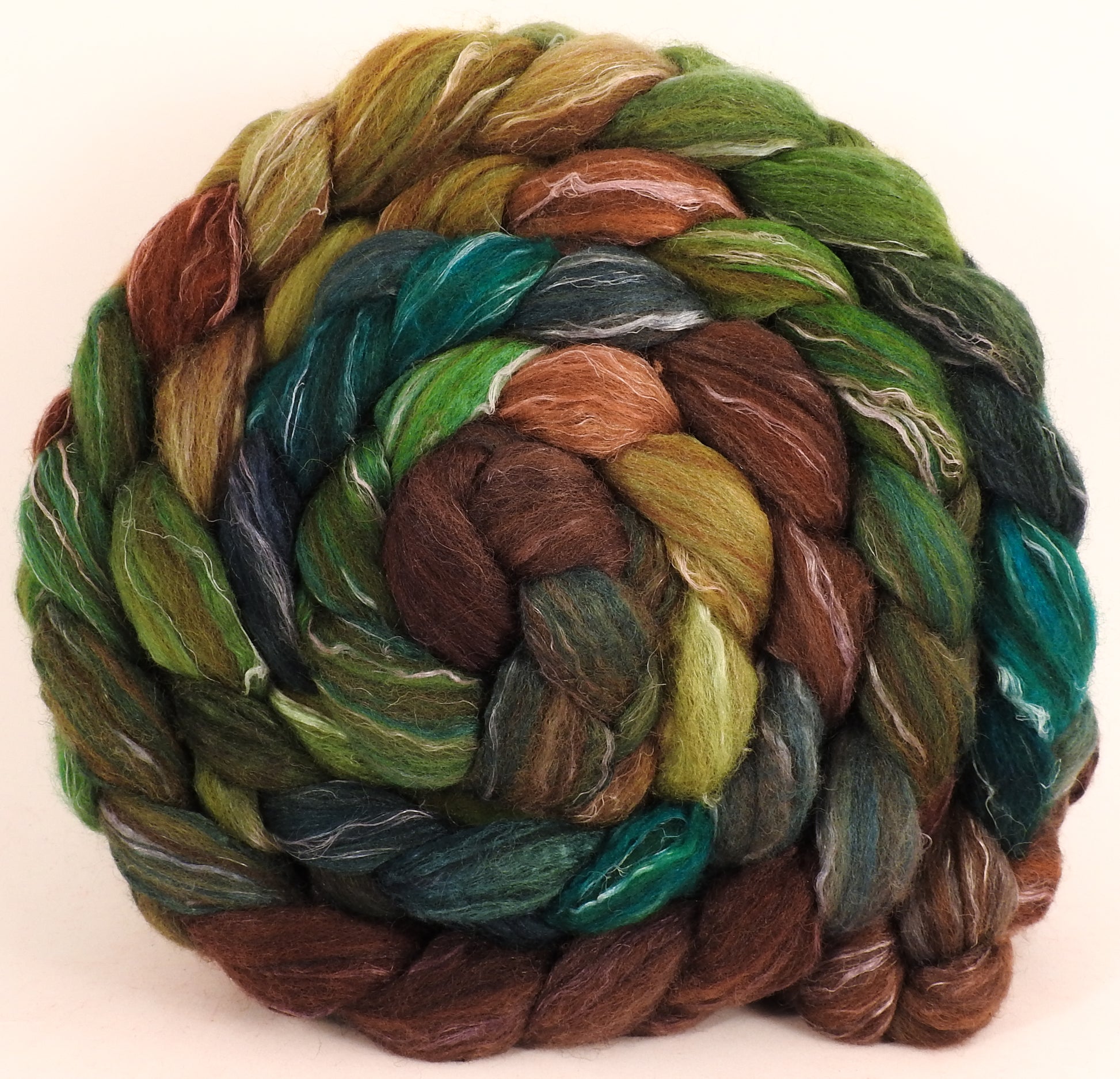 Batt in a Braid #32 - Douglas Fir - Manx Loaghtan/ Wht Bfl / Tussah Silk/ Flax( 30/30/30/10) - Inglenook Fibers