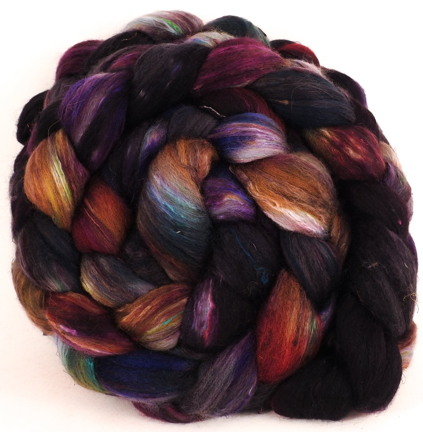 Batt in a Braid #39 -Nuummite-(6.5 oz.) Falkland Merino/ Mulberry Silk / Sari Silk (50/25/25) - Inglenook Fibers