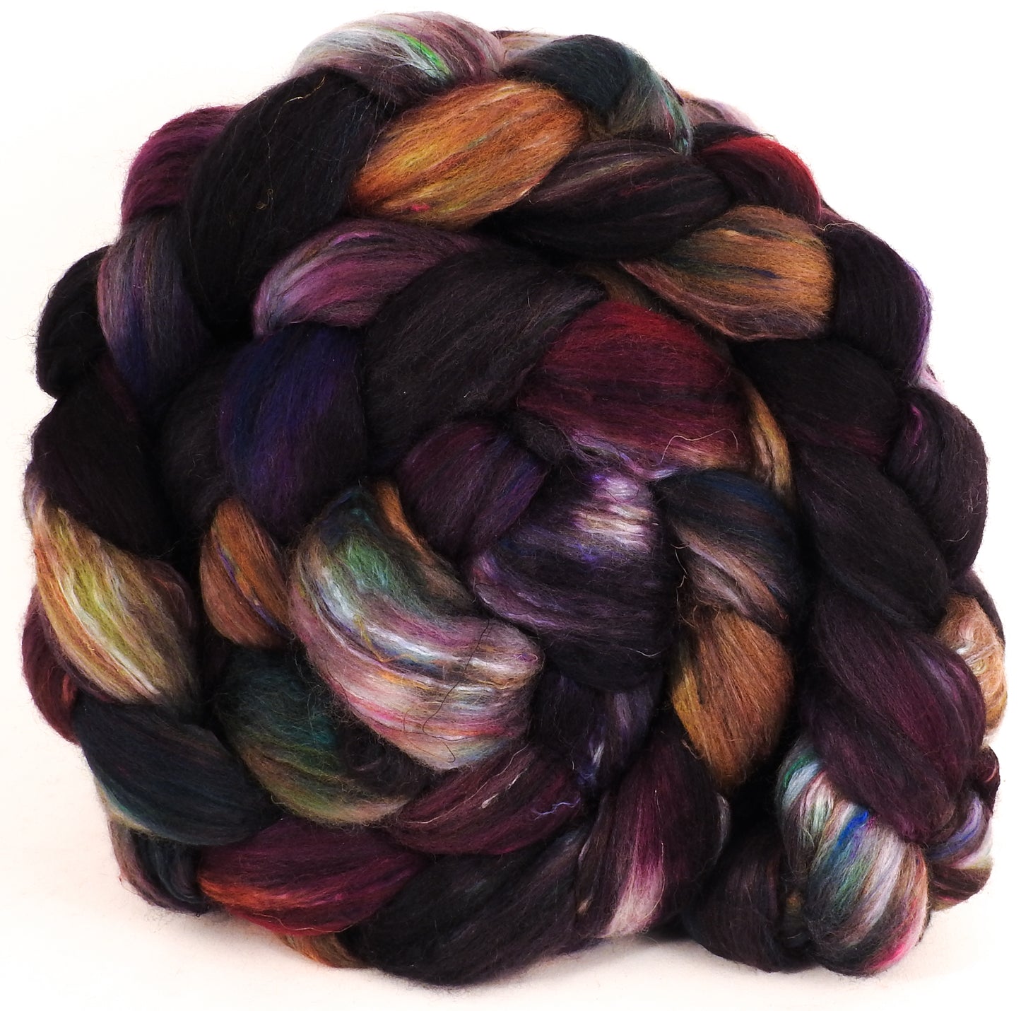 Batt in a Braid #39 -Nuummite-(6.5 oz.) Falkland Merino/ Mulberry Silk / Sari Silk (50/25/25) - Inglenook Fibers