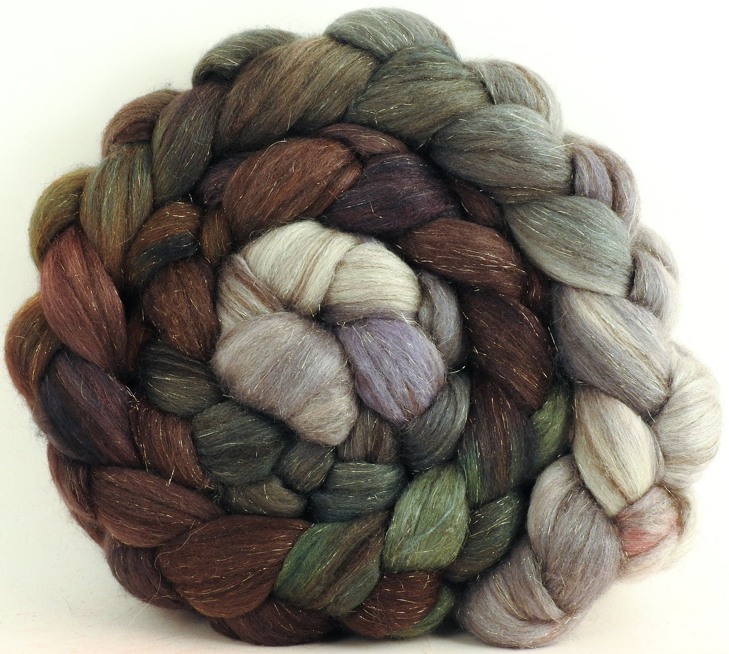 Winter Wren - Batt in a Braid #53- ( 5.3 oz)  YAK/ Tussah silk/ Superfine Merino/Gold Stellina(30/30/30/10)