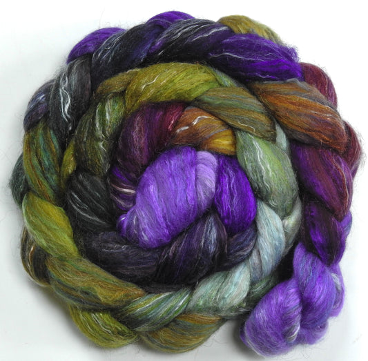 Cabbages & Kings(darker) (5.1 oz) - Batt in a Braid #31 - Polwarth/ Mulberry Silk / Baby Alpaca / Rainbow Firestar/ Tencel( 40/25/15/10/10)