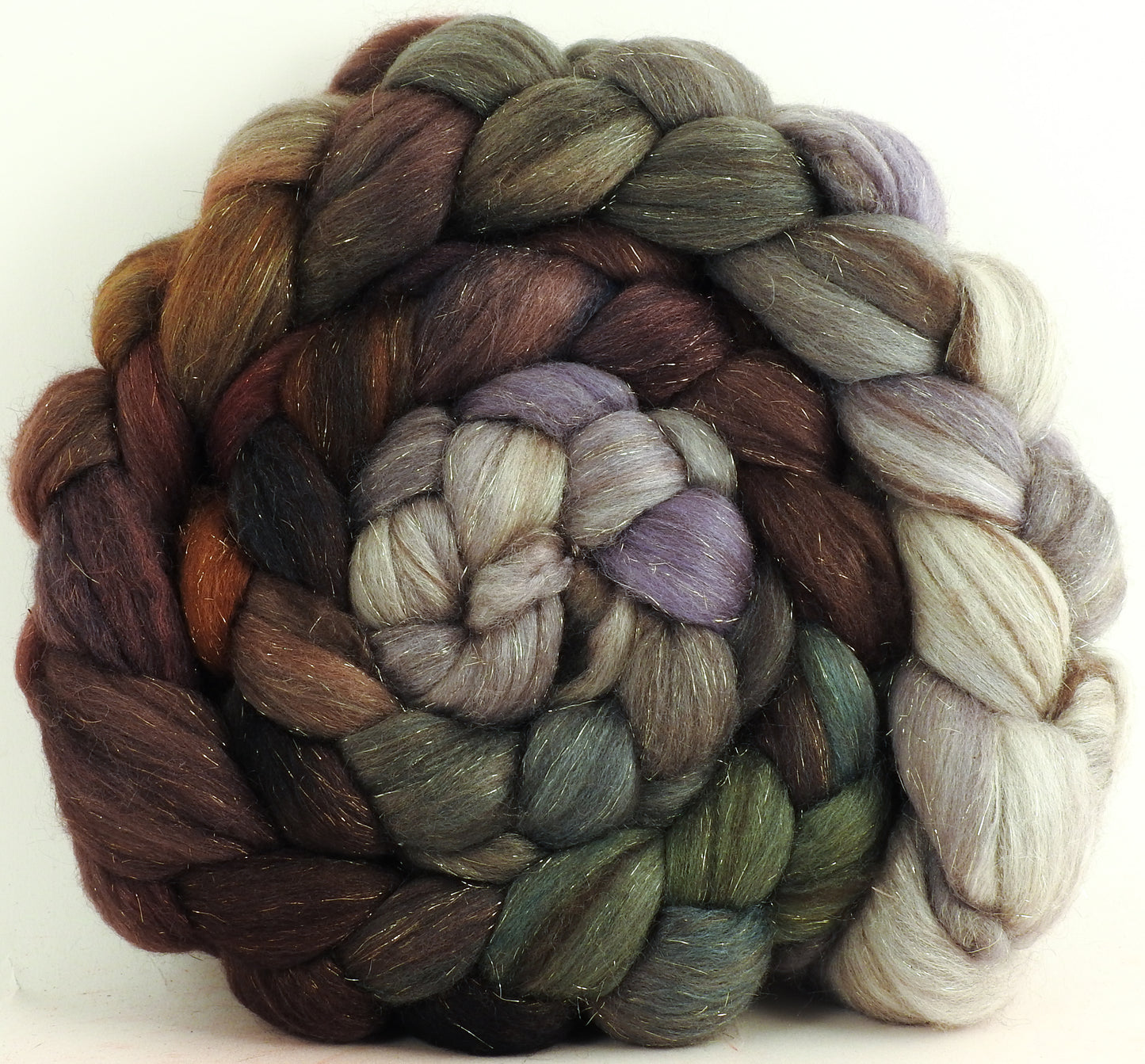 Winter Wren - Batt in a Braid #53- ( 5.3 oz)  YAK/ Tussah silk/ Superfine Merino/Gold Stellina(30/30/30/10)