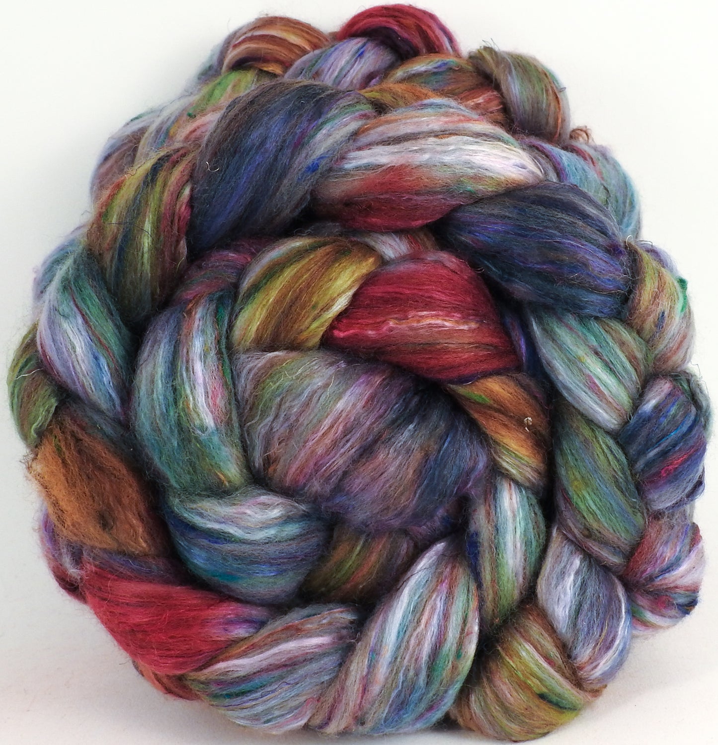 Batt in a Braid #39 -Ribbon Candy (5.7 oz) - Falkland Merino/ Mulberry Silk / Sari Silk (50/25/25) - Inglenook Fibers