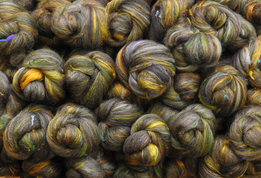 Non-sparkle Sticklebatts - Standing Stones ( WARM)- 35% CVM/Rambo/Cotswold/Finn X Fleeces; merino, Bond top,Black Welsh top, silk, bamboo, silk noil