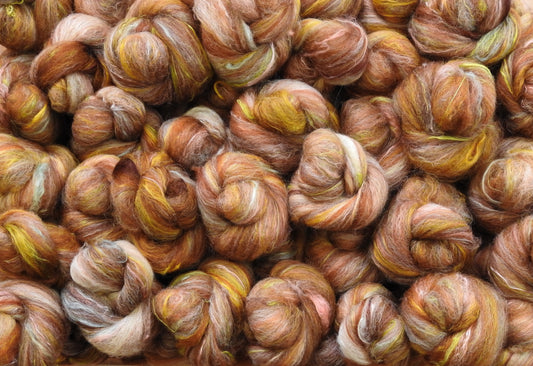 Eurasian Lynx -30% Targhee/Cormo/DorsetX fleece, 35% Dorset Horn Top, Cheviot Roving, 15% Kid Mohair top, 20% silk, bamboo