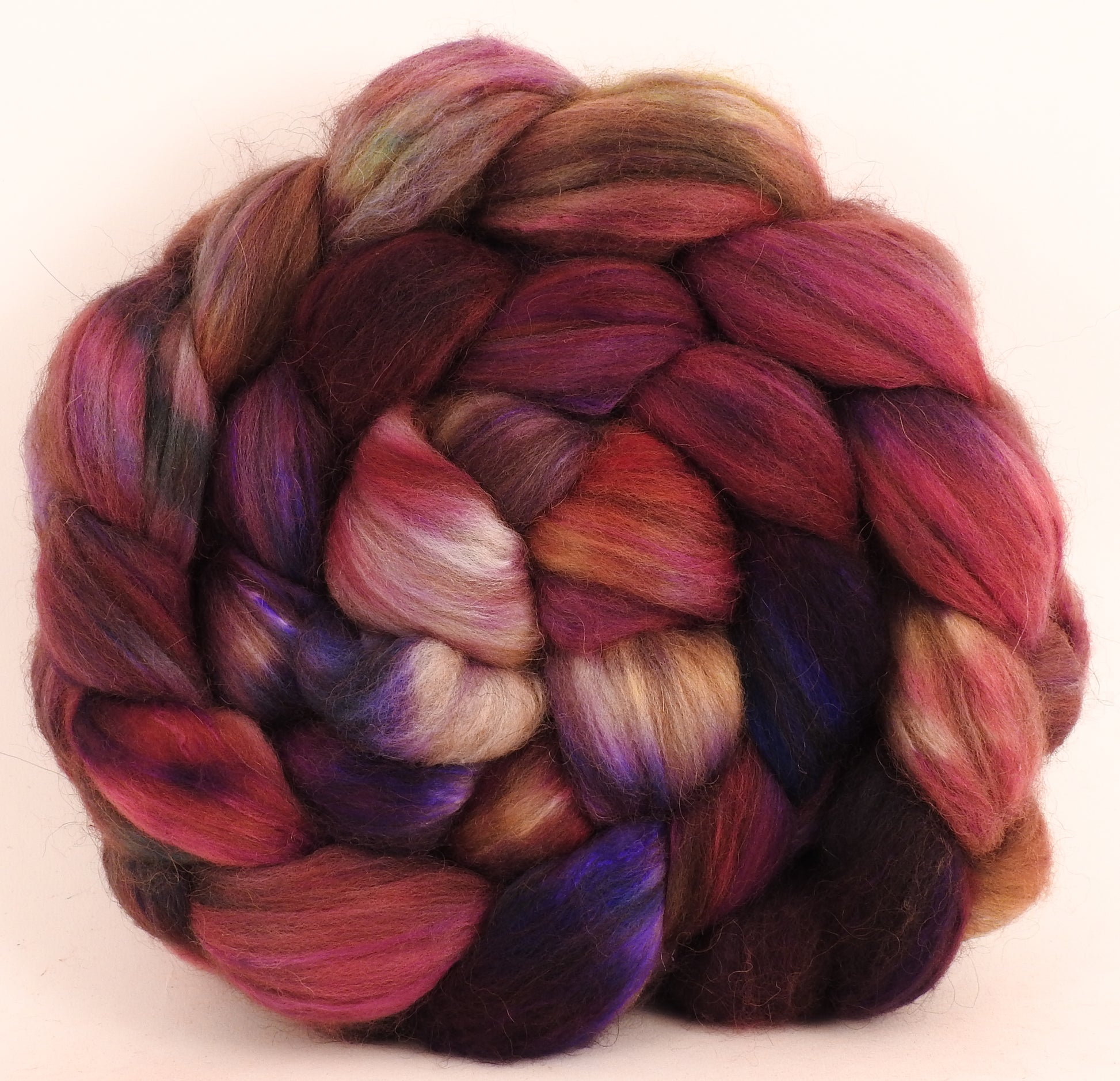 Hand dyed top for spinning -Moscato - 18.5 mic merino/ camel/ brown alpaca/ mulberry silk/ (40/20/20/20) - Inglenook Fibers