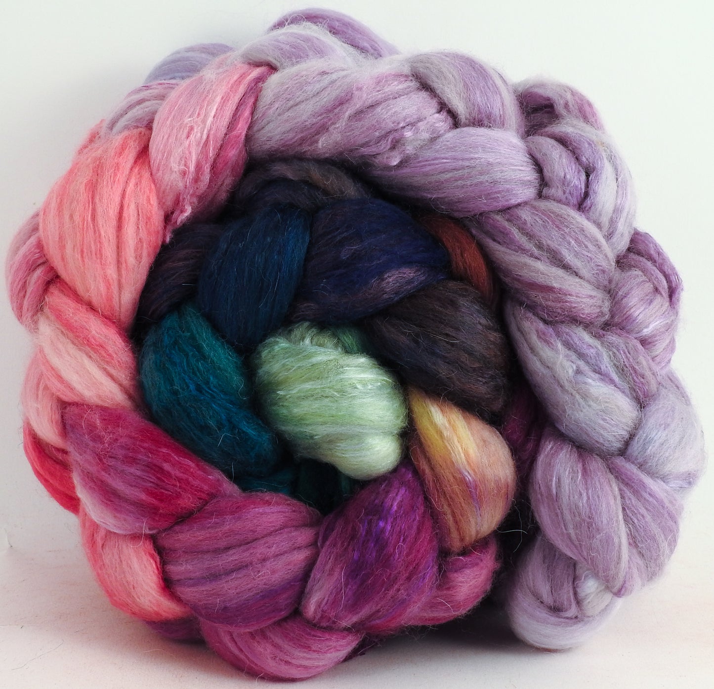 Color Me Happy (5.3 oz) - Batt in a Braid #5- Merino/ Camel/ silk/ faux cashmere/ firestar (25/25/25/12/12)