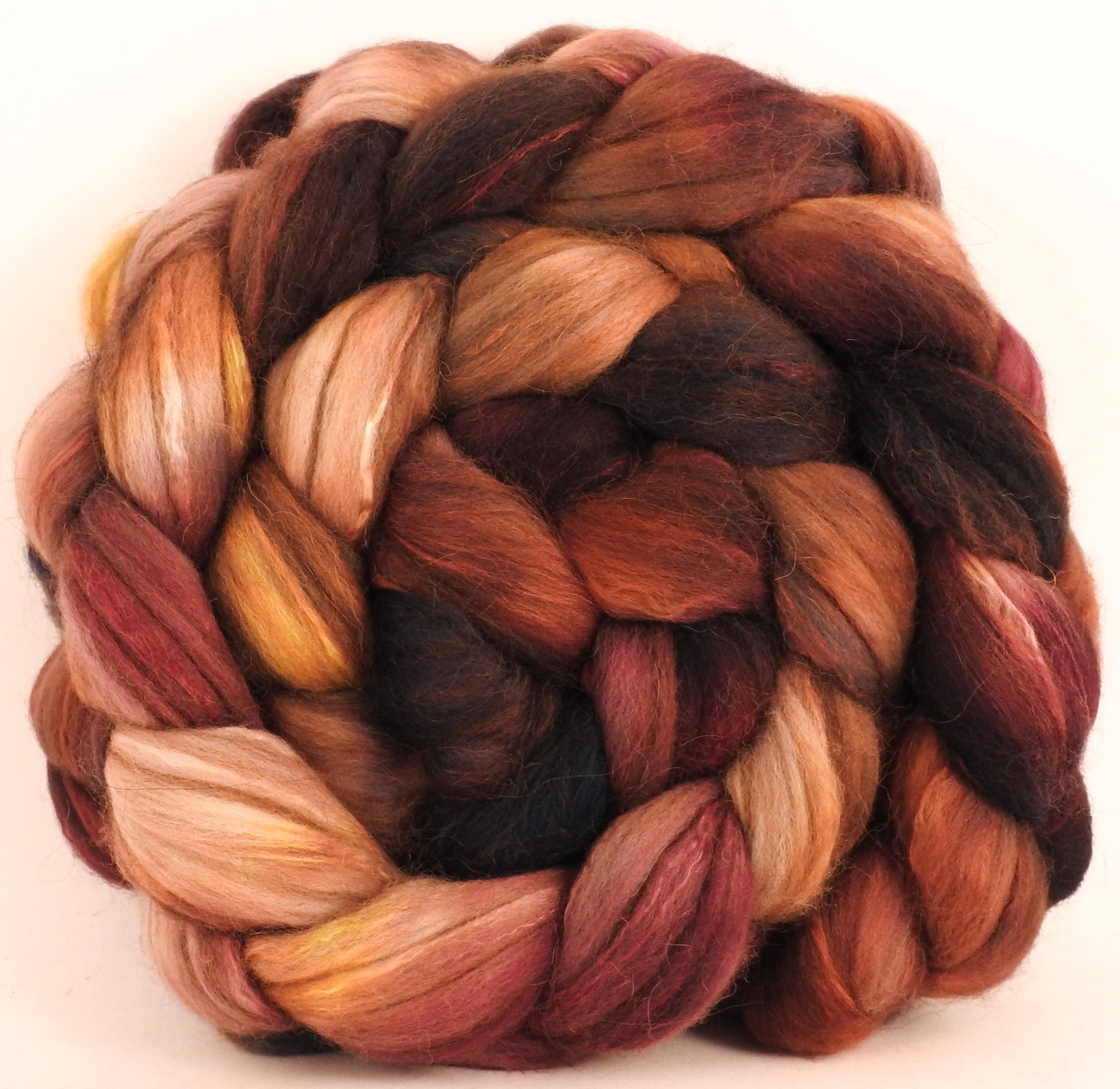 Hand dyed top for spinning -Cardamon- 18.5 mic merino/ camel/ brown alpaca/ mulberry silk/ (40/20/20/20) - Inglenook Fibers