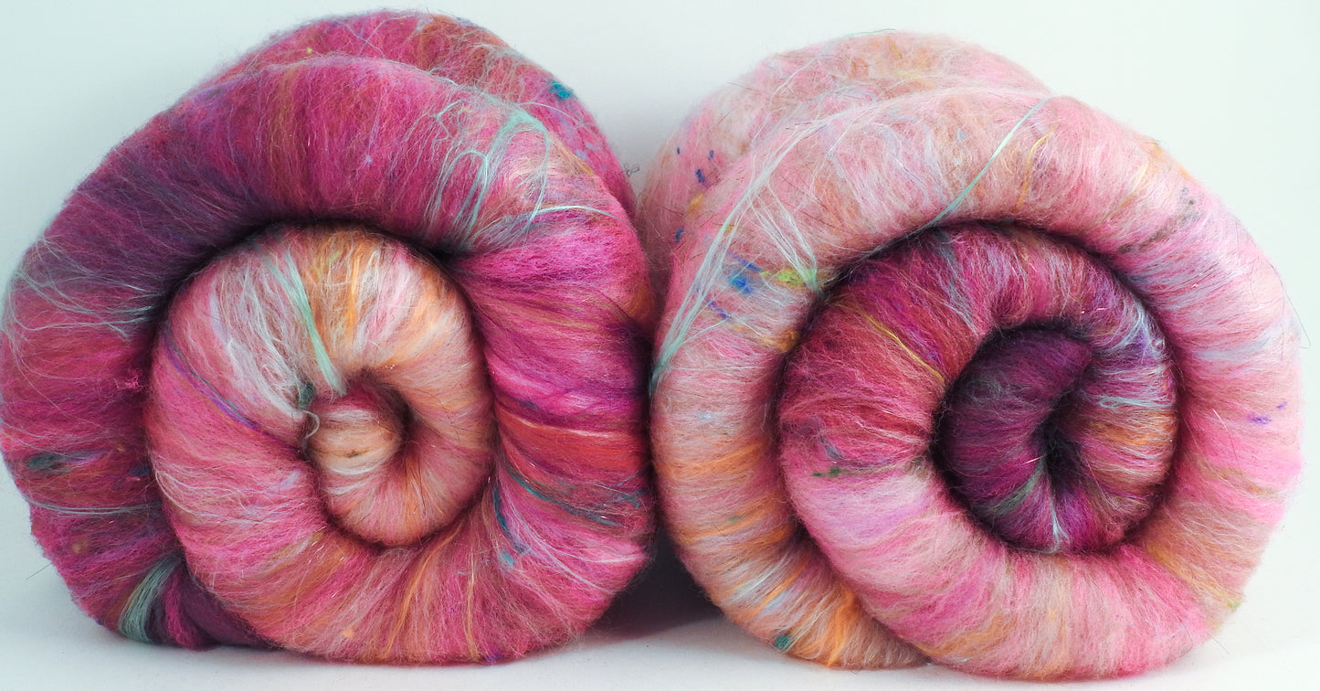 Pink Horizon (3.6 oz) - Roly-Poly Batts- 30% Bond Fleece, Superfine merino,  Polwarth, silk, bamboo, silk noil, angelina