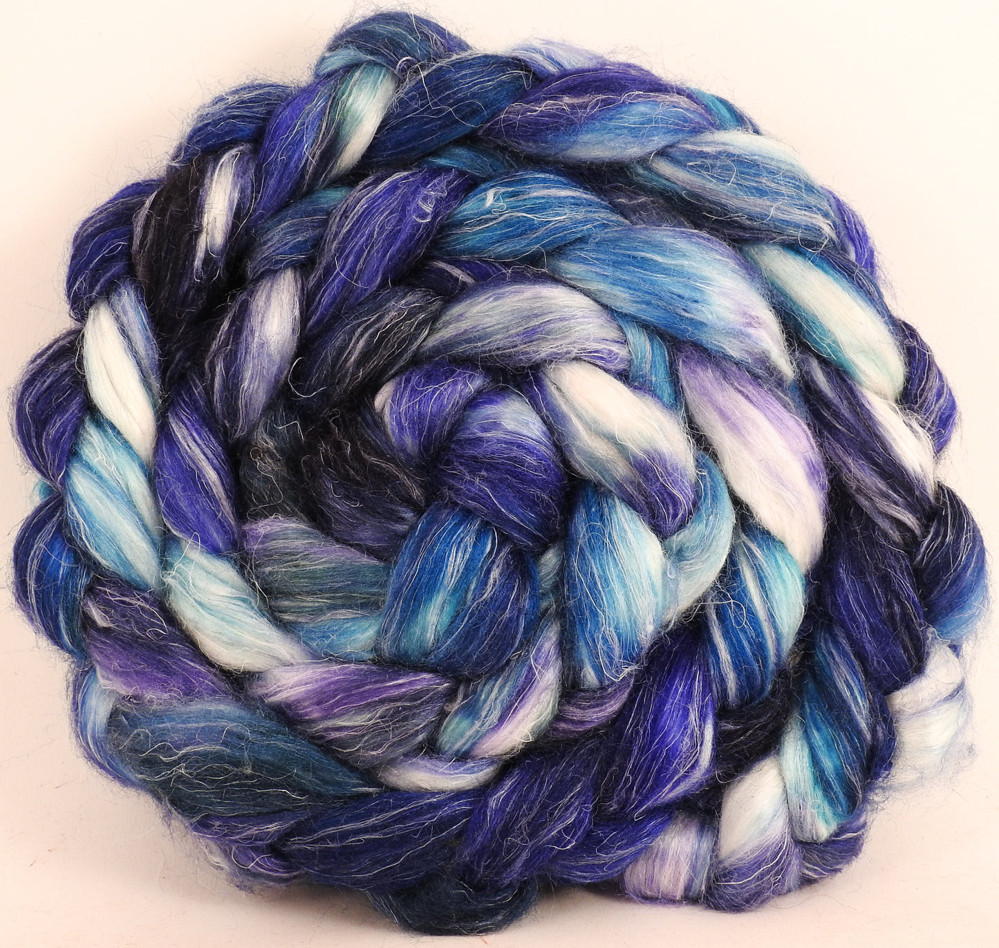 Hand dyed Tussah Silk / flax roving -Blue Jay -(65/35)- (5.4 oz.) - Inglenook Fibers