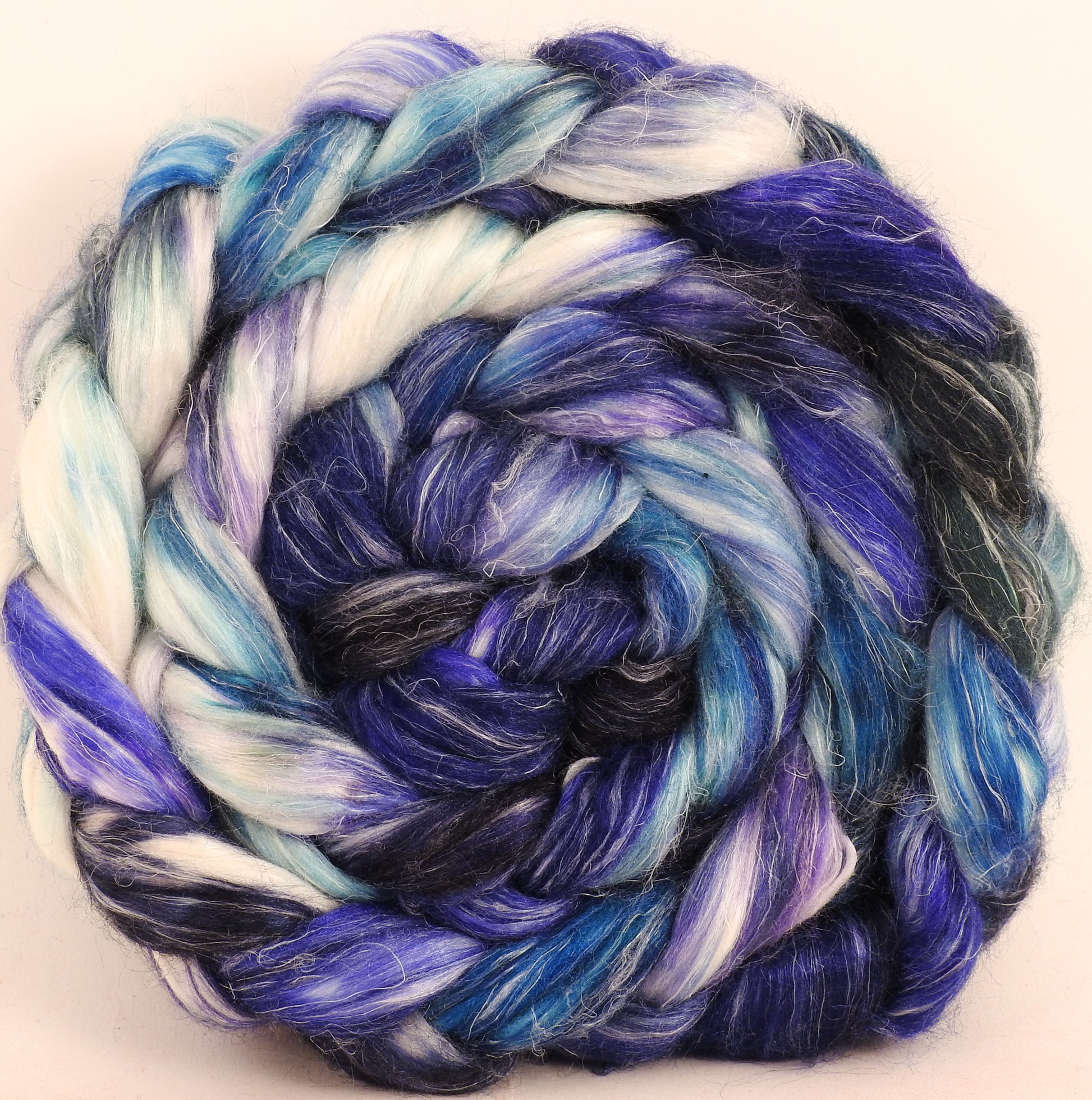 Hand dyed Tussah Silk / flax roving -Blue Jay -(65/35)- (5.4 oz.) - Inglenook Fibers