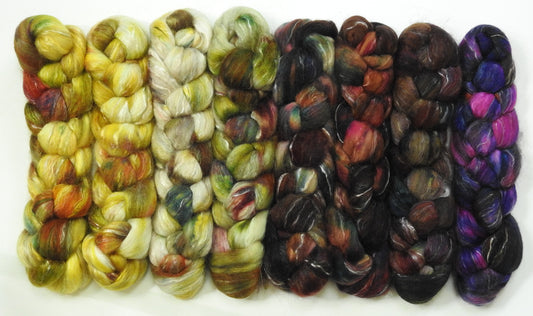 Flight of the Bumblebee Set (12.3 oz) - Batt in a Braid #31 - Polwarth/ Mulberry Silk / Baby Alpaca / Rainbow Firestar/ Tencel( 40/25/15/10/10)