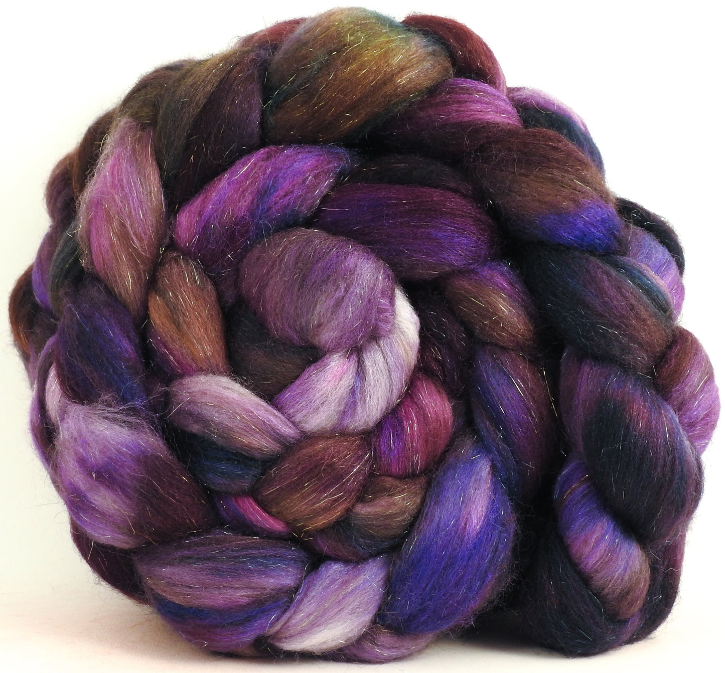 Rum Raisin- Batt in a Braid #53- YAK/ Tussah silk/ Superfine Merino/Gold Stellina(30/30/30/10)