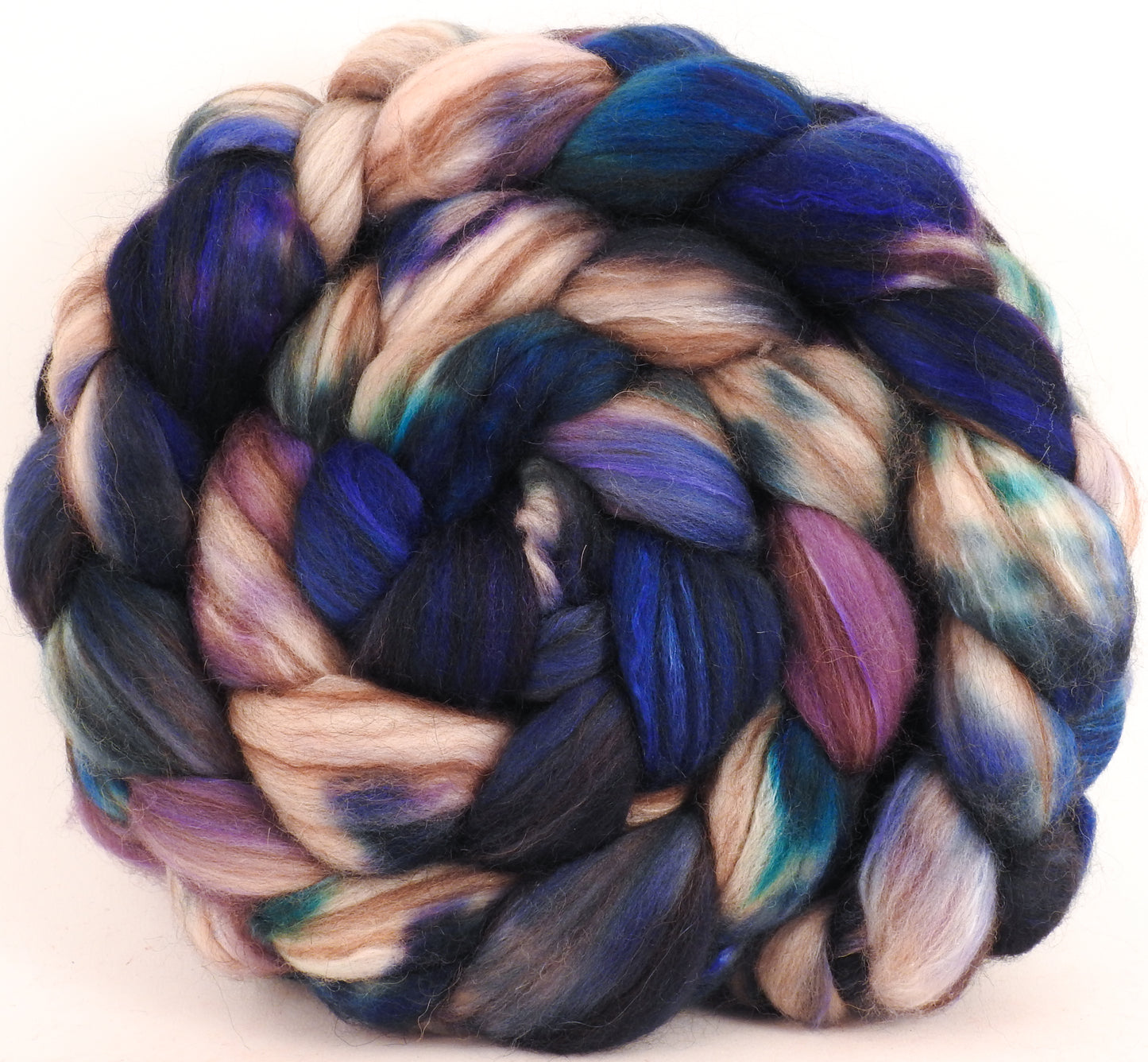 Hand dyed top for spinning -Blue Jay- (5.5 oz.) 18.5 mic merino/ camel/ brown alpaca/ mulberry silk/ (40/20/20/20) - Inglenook Fibers