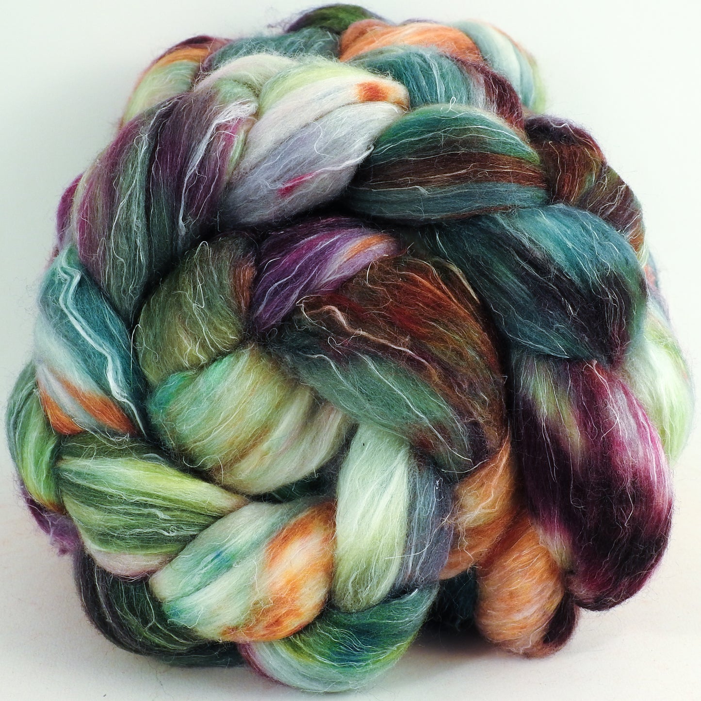Greenhouse Envy - (5.4 oz) - Batt in a Braid #29 - Rambouillet / Tussah / Flax (40/40/20)-  Fusion Series